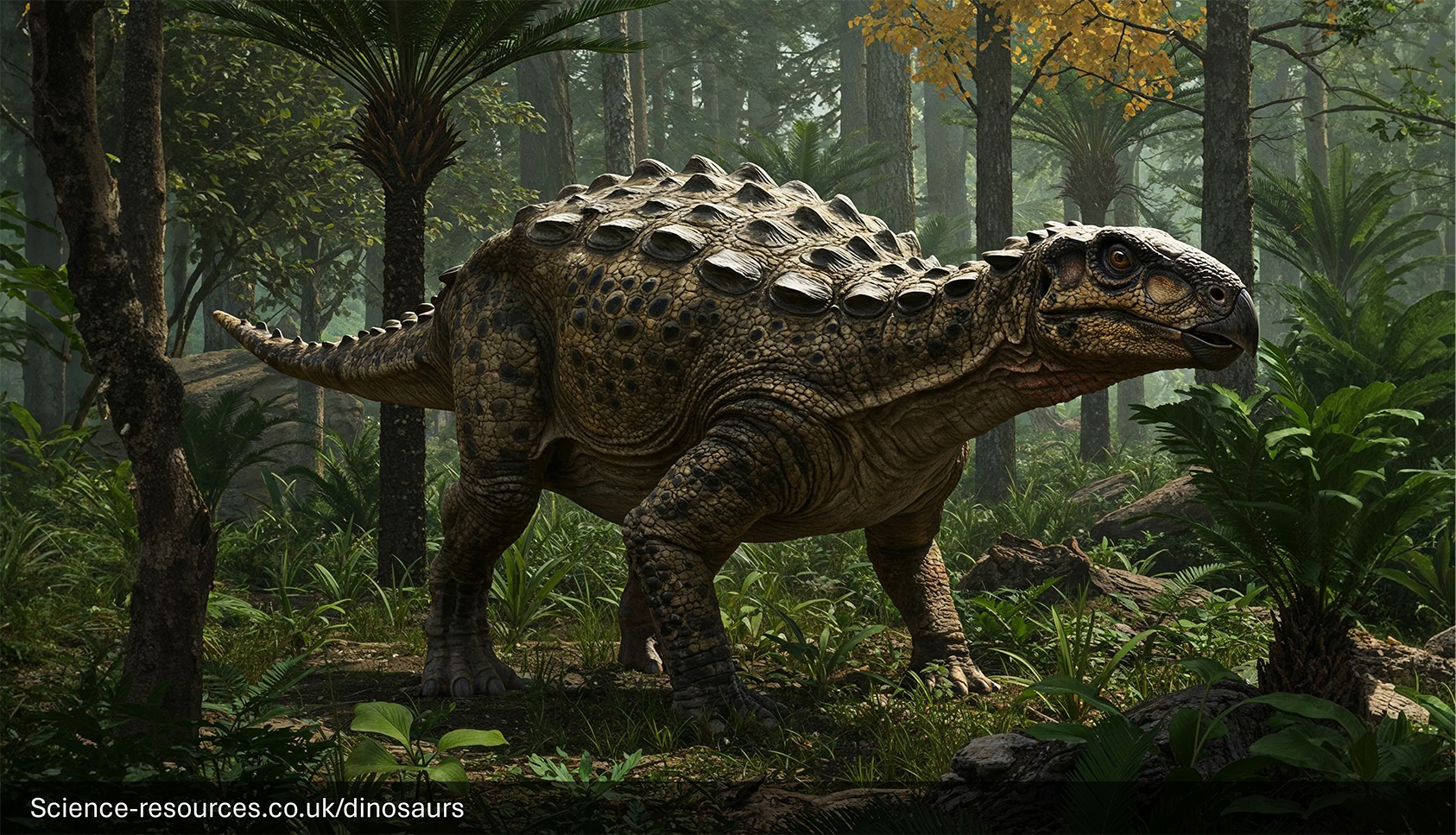 A lifelike illustration of an Antarctopelta, showcasing its lightly armored body with bony plates and spikes, and a powerful spiked tail. The dinosaur is set against a prehistoric forest background.