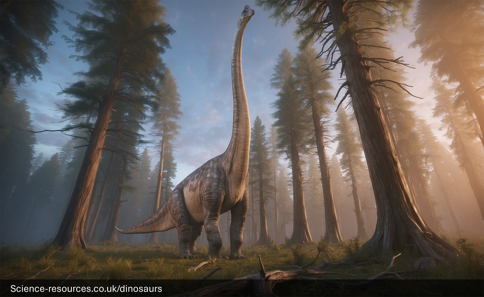 The image portrays a realistic rendering of a Brachiosaurus dinosaur in a prehistoric forest setting. The Brachiosaurus is reaching for leaves from a tree top, with giant trees in the distance.