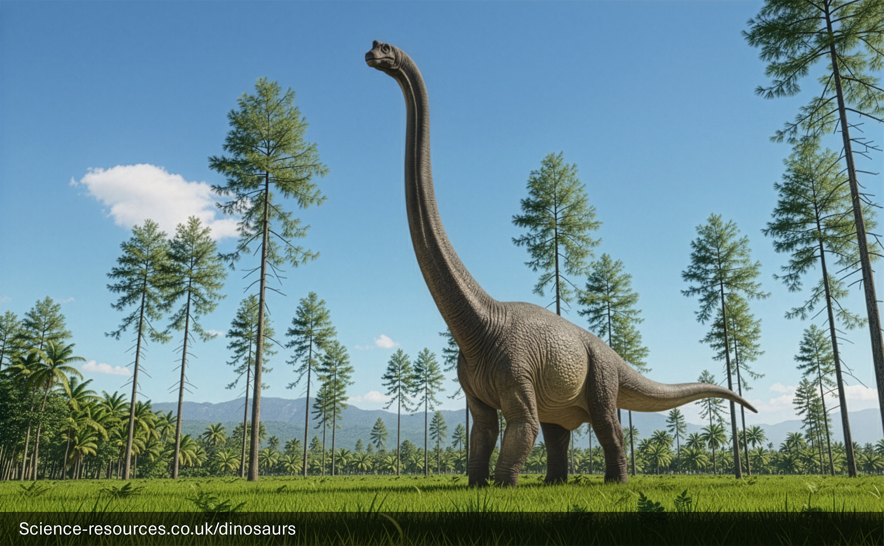 A realistic rendering of a Jurassic park / Jurassic World Brachiosaurus. Brachiosaurus standing in a grassy clearing surrounded by tall, slender trees with sparse foliage. The dinosaur has a massive body, long tail, and an extremely long neck reaching high into the sky. The scene is set in bright daylight under a clear blue sky with a few scattered clouds. The environment is lush and green, evoking a tropical or subtropical setting. 