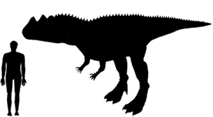 Image showing a size comparison between an adult Ceratosaurus dinosaur (right) versus a human adult (left).