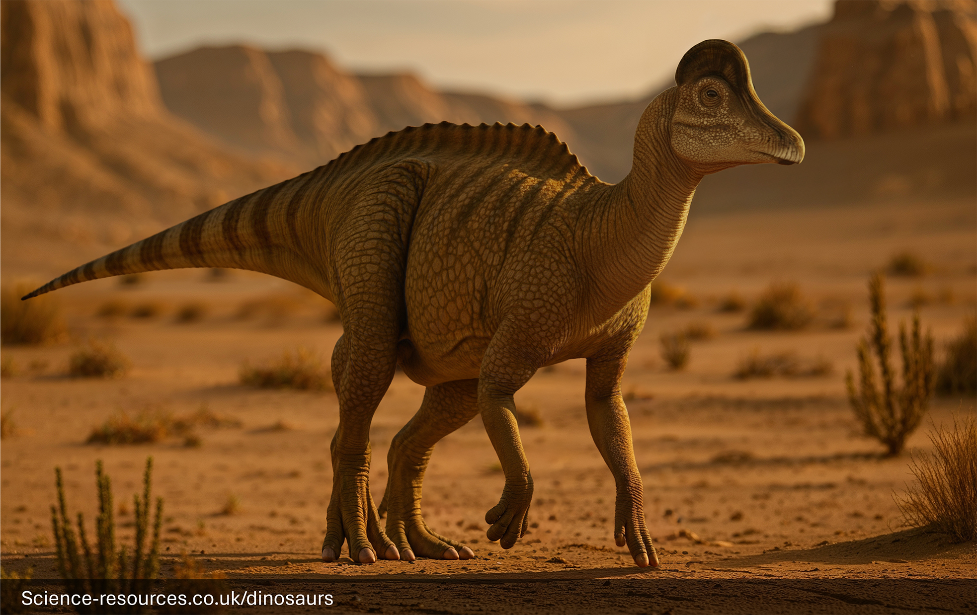A realistic render of a Corythosaurus Dinosaur in a prehistoric desert.