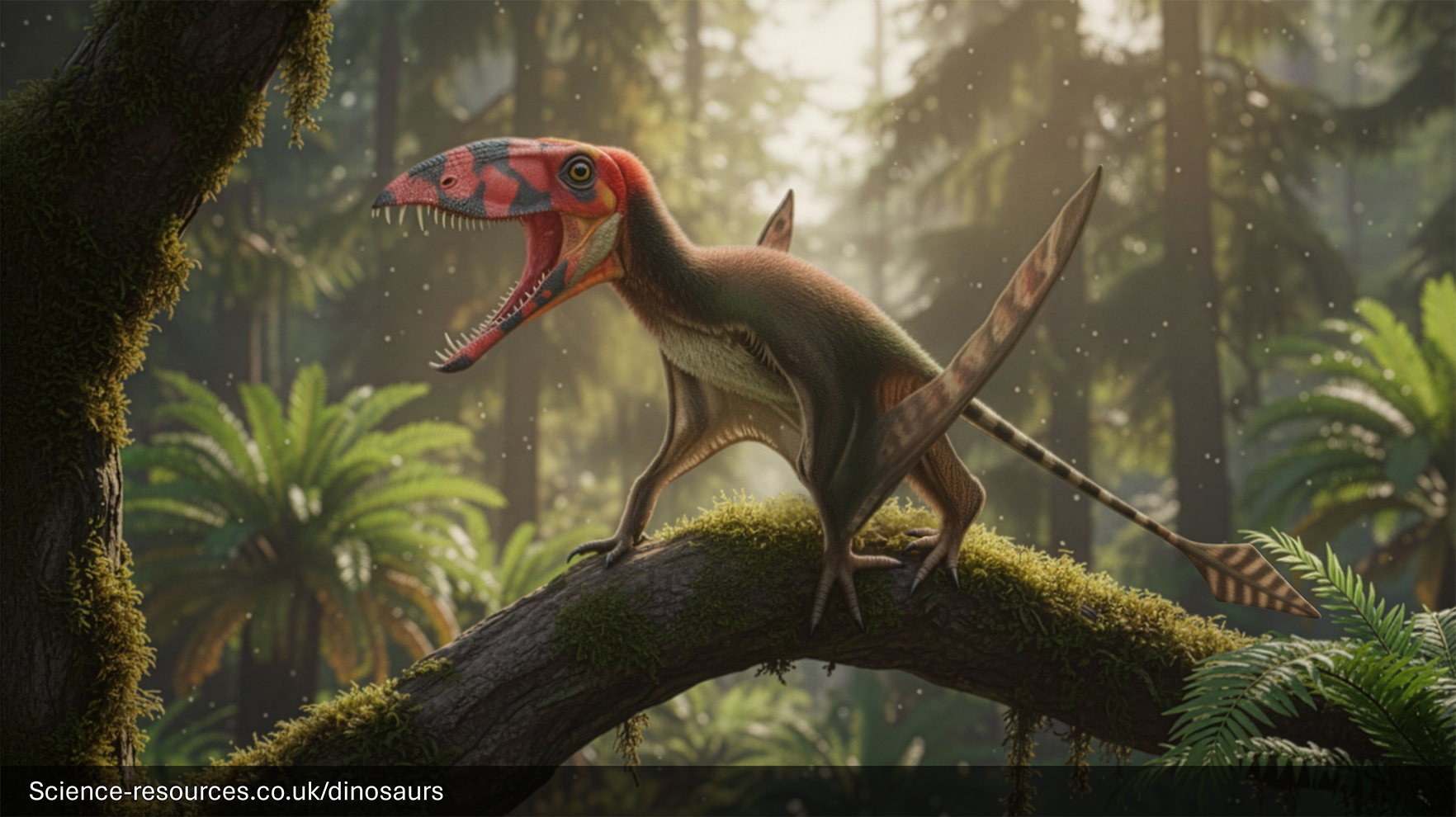 A realistic depiction of a Dimorphodon perched on a moss covererd tree branch in a dense pehistoric forest. In the background, there are tall fir trees.