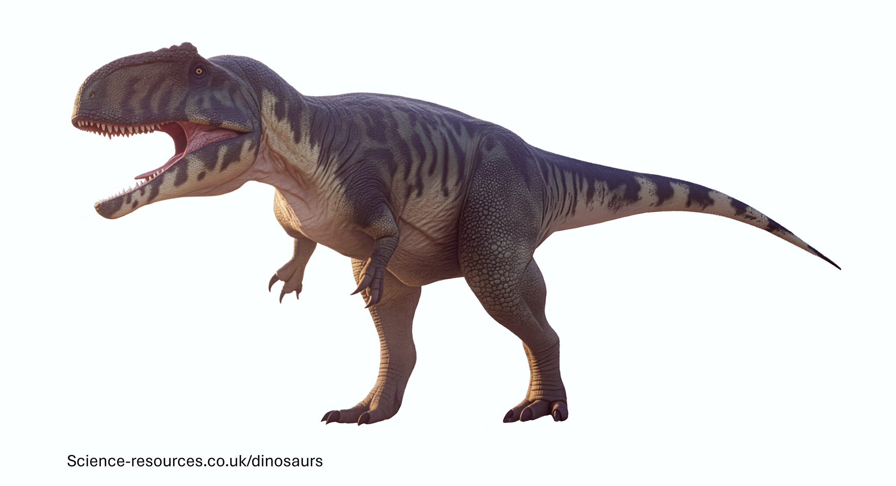 Realistic rendering of an Giganotosaurus dinosaur  on a white background.