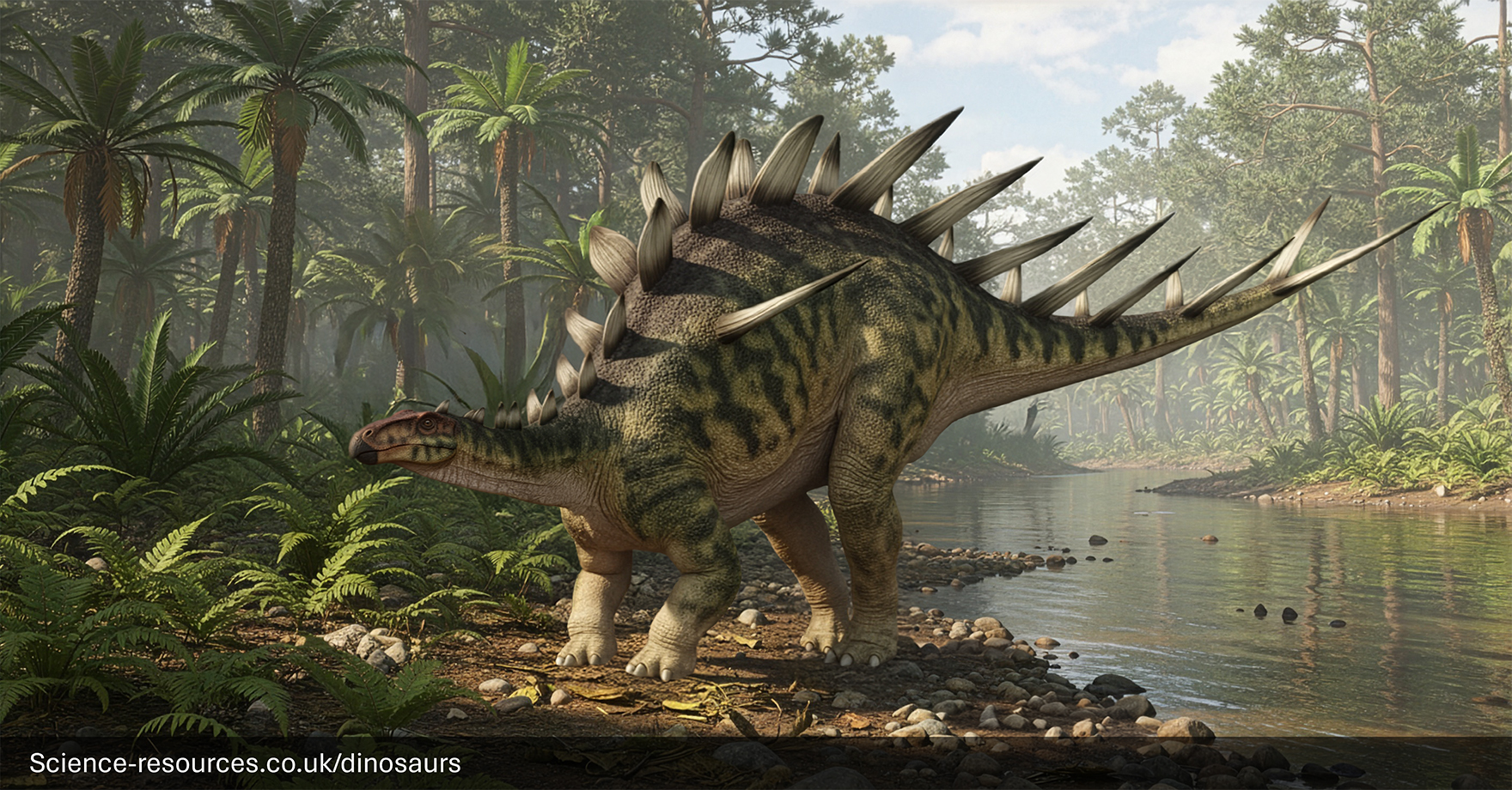 Kentrosaurus A realistic rendering of a Kentrosaurus dinosaur in a forest setting. It’s surrounded by tall trees next to a river and the ground is covered with broken branches. Sunlight filters through the trees, casting an ethereal glow on the scene.