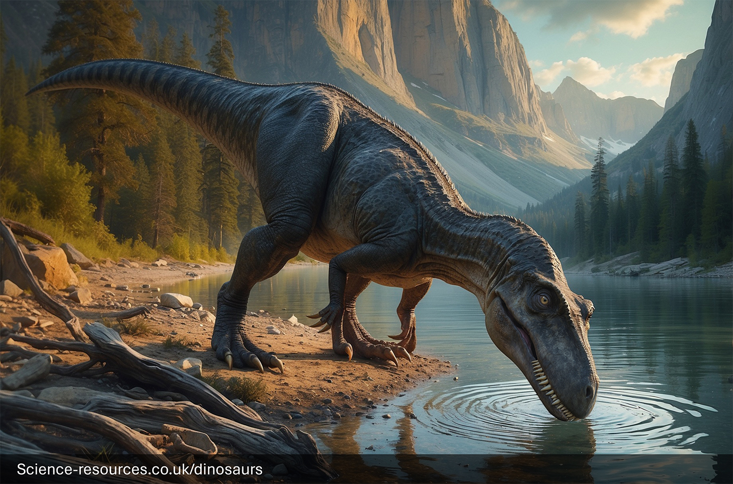 Lifelike rendering of a Megalosaurus dinosaur drinking from a lake, with snow-capped mountains and lush forests in the background, under a soft-lit sky. Image from Science-resources.co.uk/dinosaurs.