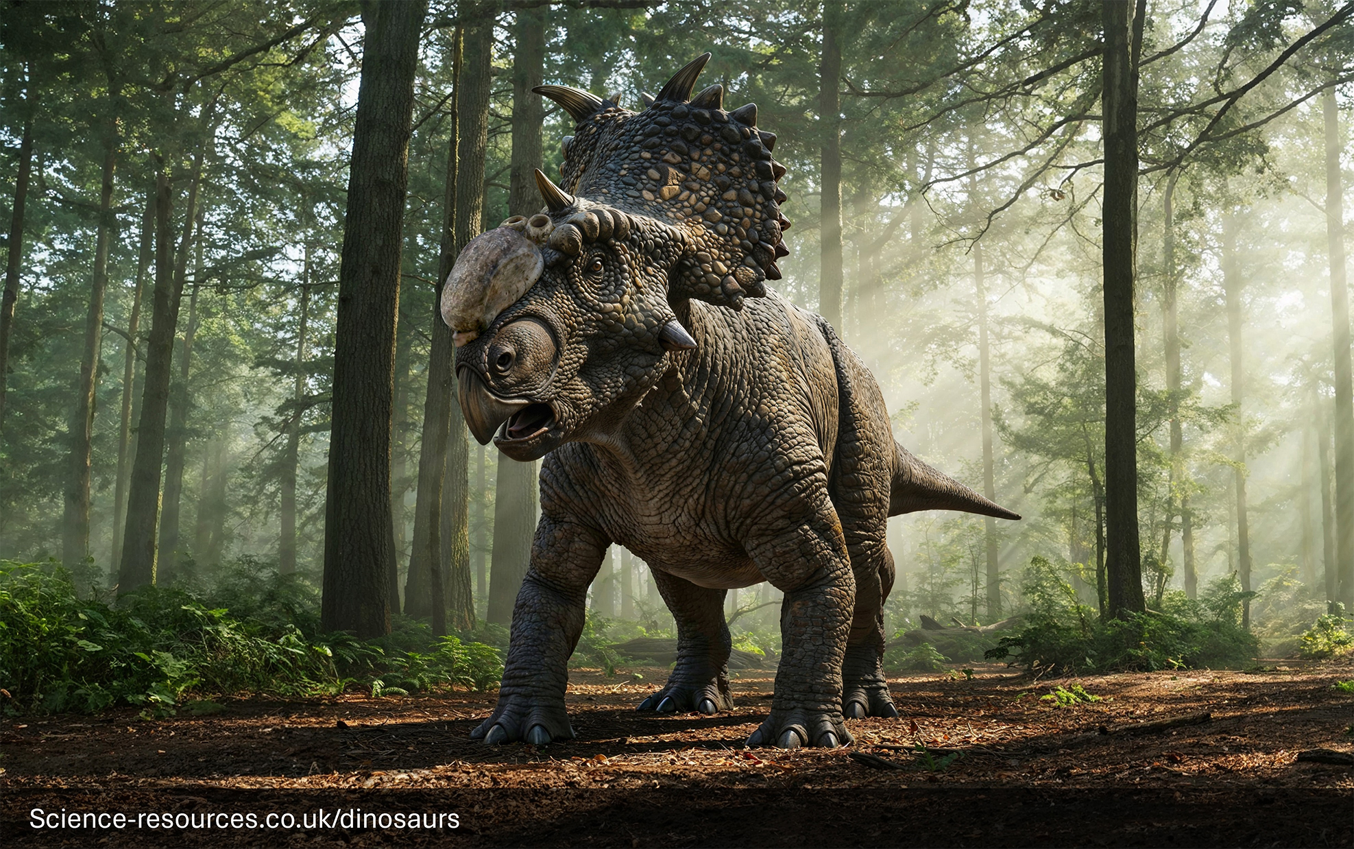 A realistic rendering of a Pachyrhinosaurus dinosaur standing on the edge of a body of water with a scenic landscape in the background. 