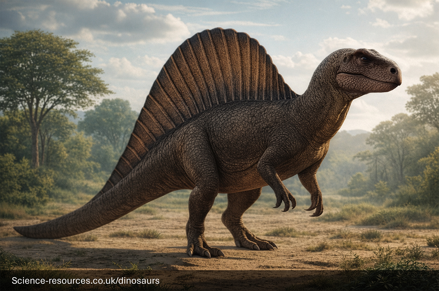 Modern-day reimagining of a retro Spinosaurus skeleton reconstruction. (Dinosaur depicted as standing upright and dragging its tail - classic tripod stance). 