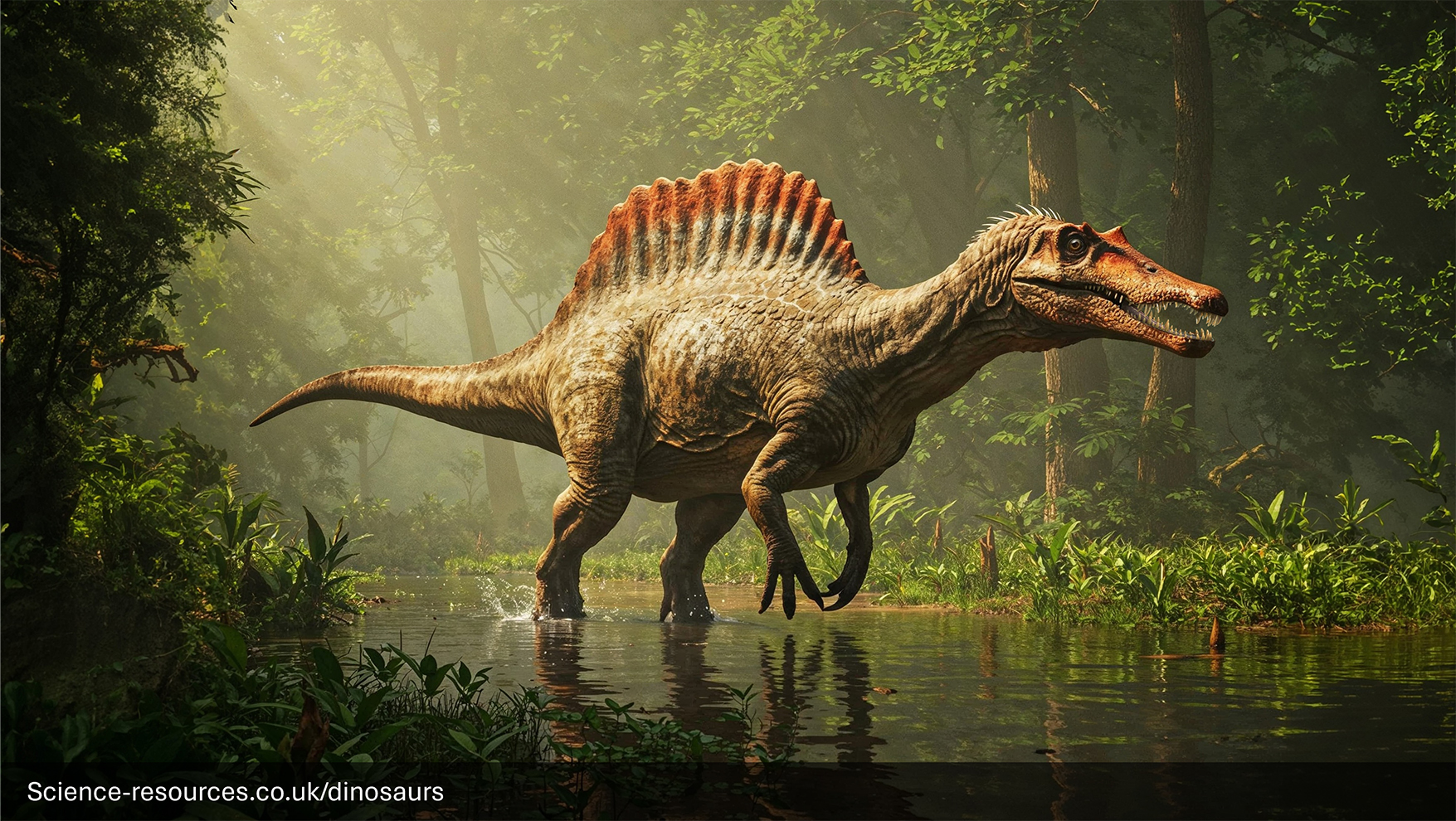 A photo realistic image of a Mid-1900s to Early 2000s Spinosaurus dinosaur. The dinosaur is wading through a prehistoric river,