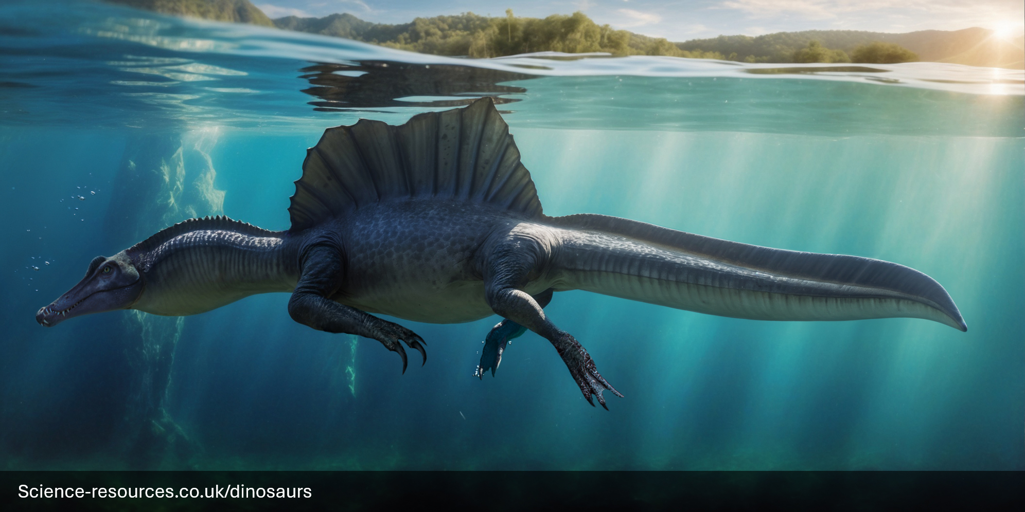 A photo realistic image of an aquatic Spinosaurus dinosaur.