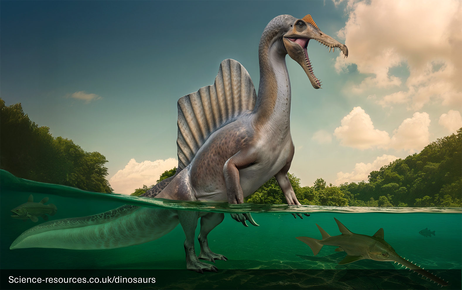 A photorealistic image of a Spinosaurus hunting an Onchopristis in a prehistoric lake.