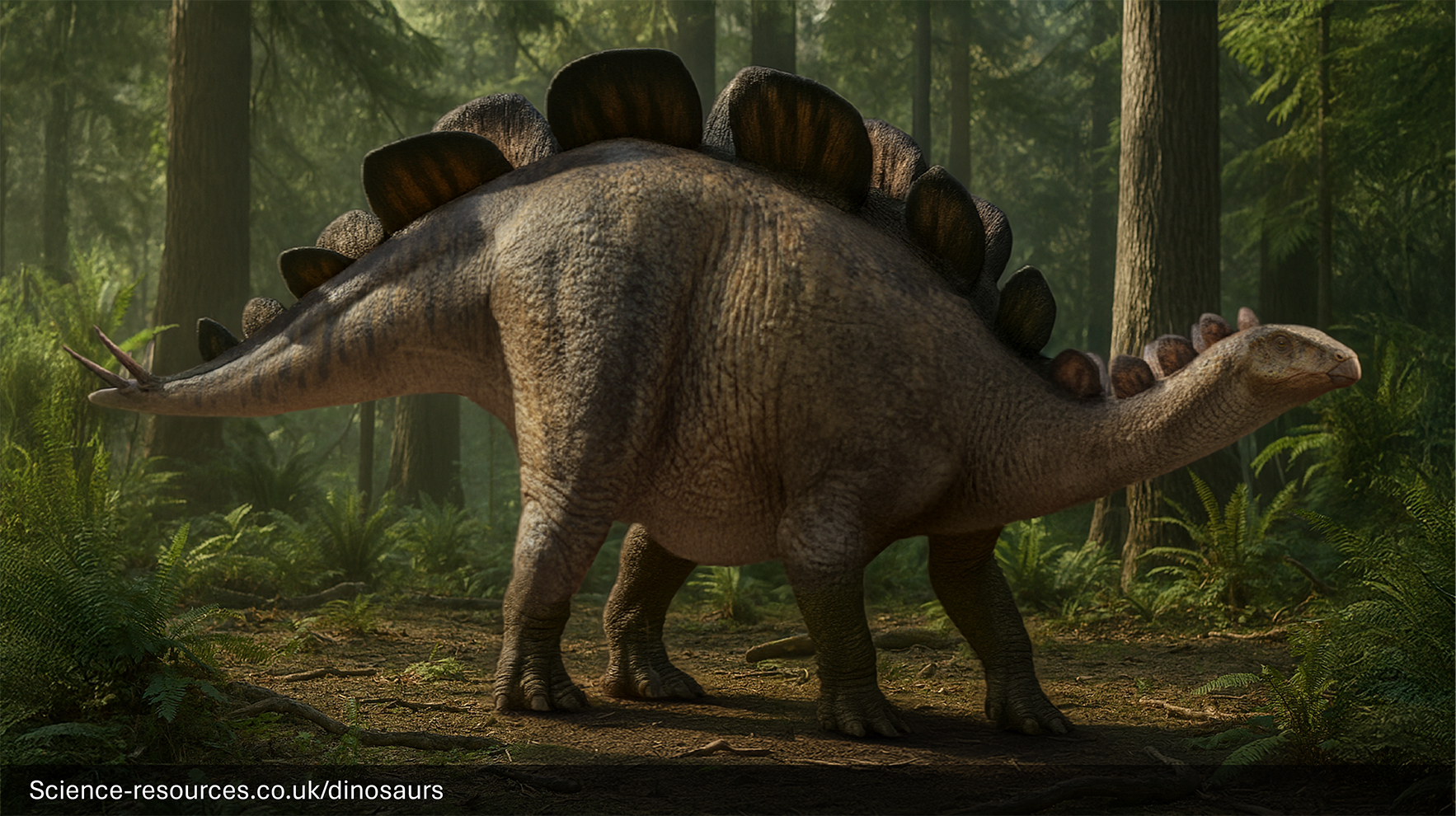 A realistic rendering of a Wuerhosaurus dinosaur in a forest setting. It’s surrounded by tall trees next to a river and the ground is covered with large rocks and ferns.