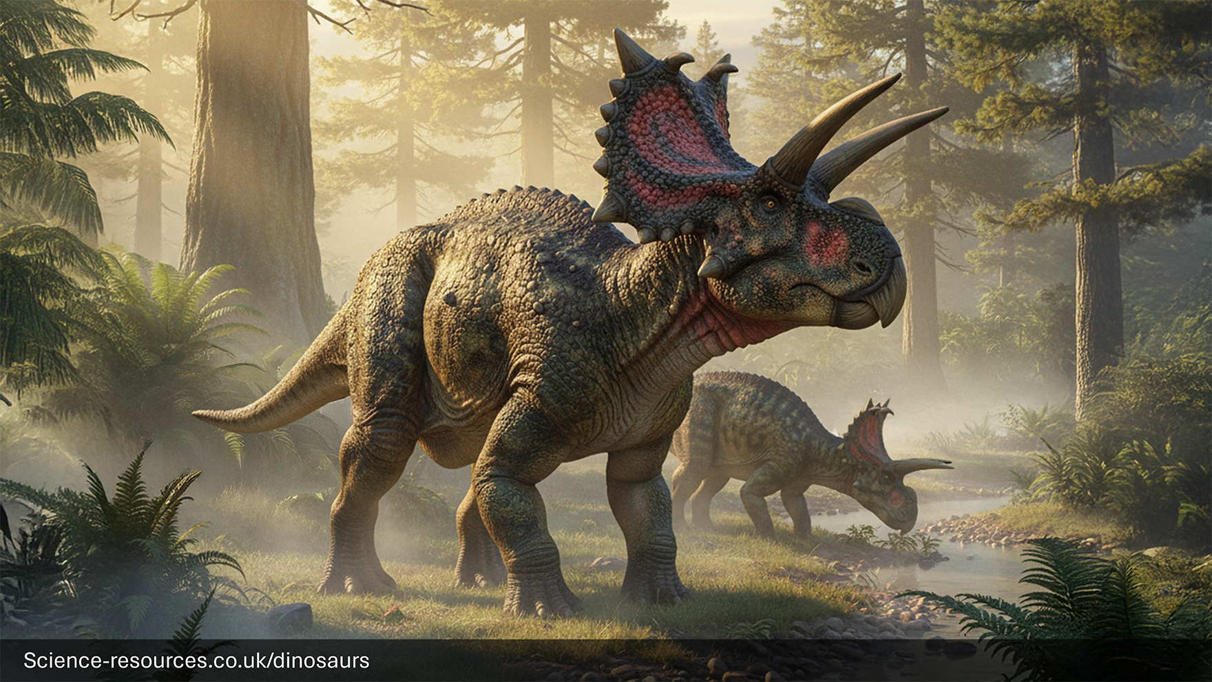 A realistic rendering of a Xenoceratops in a prehistoric forest.

 dinosaur in a prehistoric foreest setting.