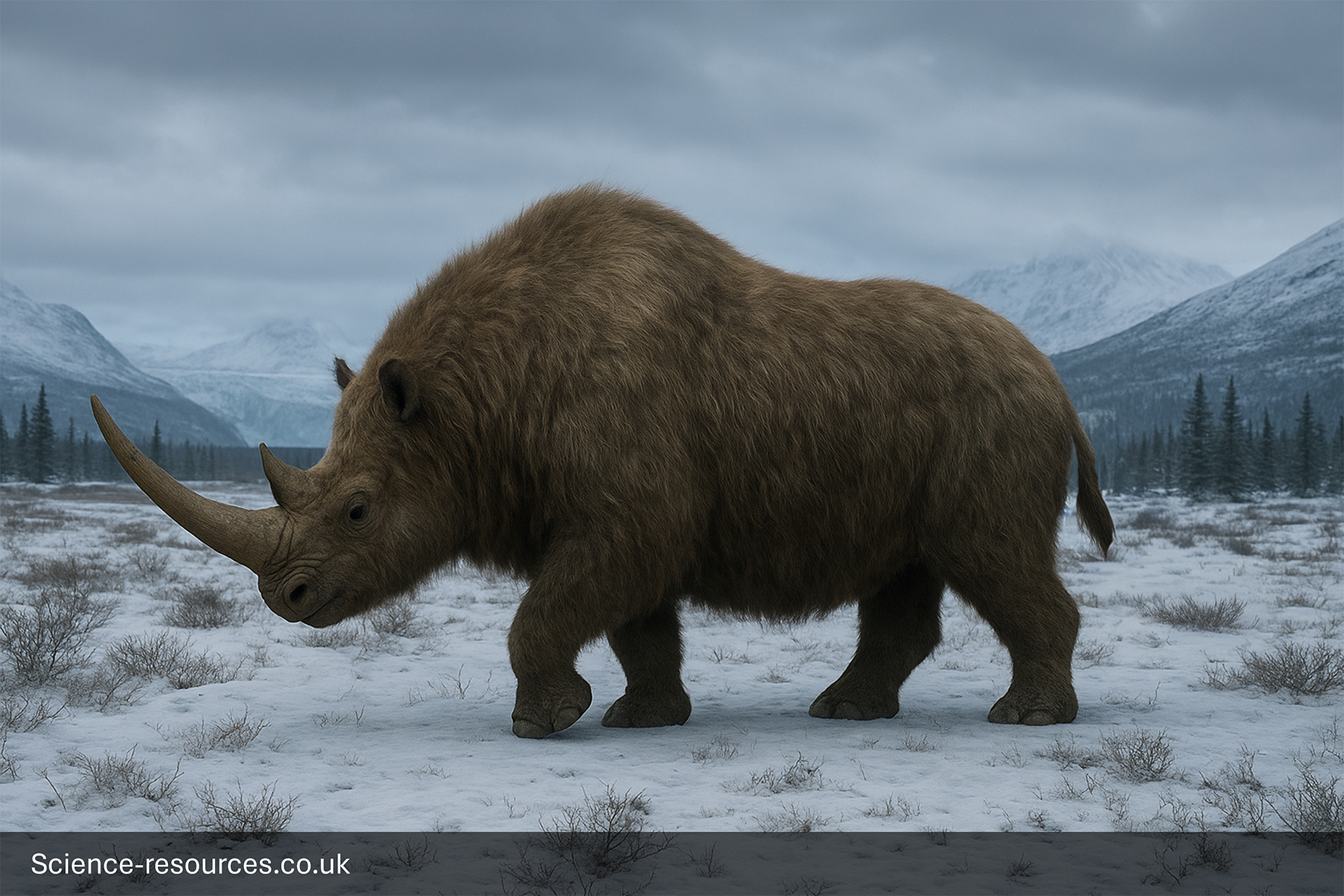 Realistic image of a Woolly Rhinoceros in a Prehistoric Tundra