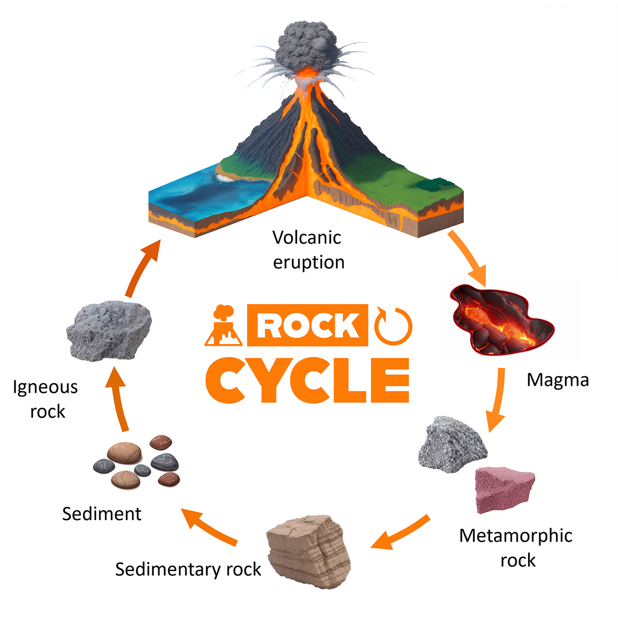 Rock cycle This image is a diagram illustrating the rock cycle. It shows various stages of the cycle, including the formation and transformation of different types of rocks due to natural processes like volcanic eruptions. The diagram is labeled “ROCK CYCLE,” and has an icon of a volcano erupting at the top. The cycle starts from magma, which cools down to form igneous rock. Igneous rock breaks down into sediment, which compresses into sedimentary rock. Sedimentary rock under heat and pressure transforms into metamorphic rock, which melts during volcanic eruptions, turning back into magma. The diagram uses arrows to indicate the flow of the cycle from one type of rock or material to another.