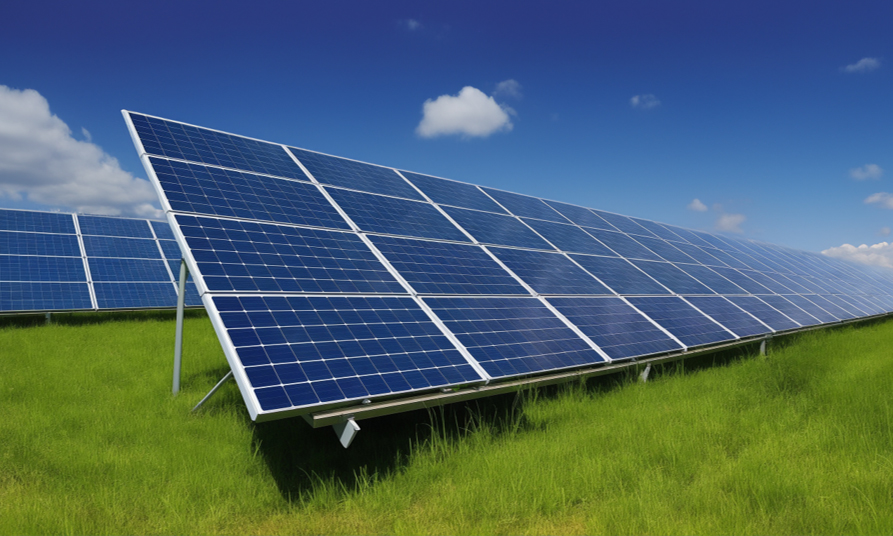 Image of a large array of solar panels installed on a green field under a clear blue sky with some clouds. The solar panels are tilted at an angle to capture maximum sunlight.