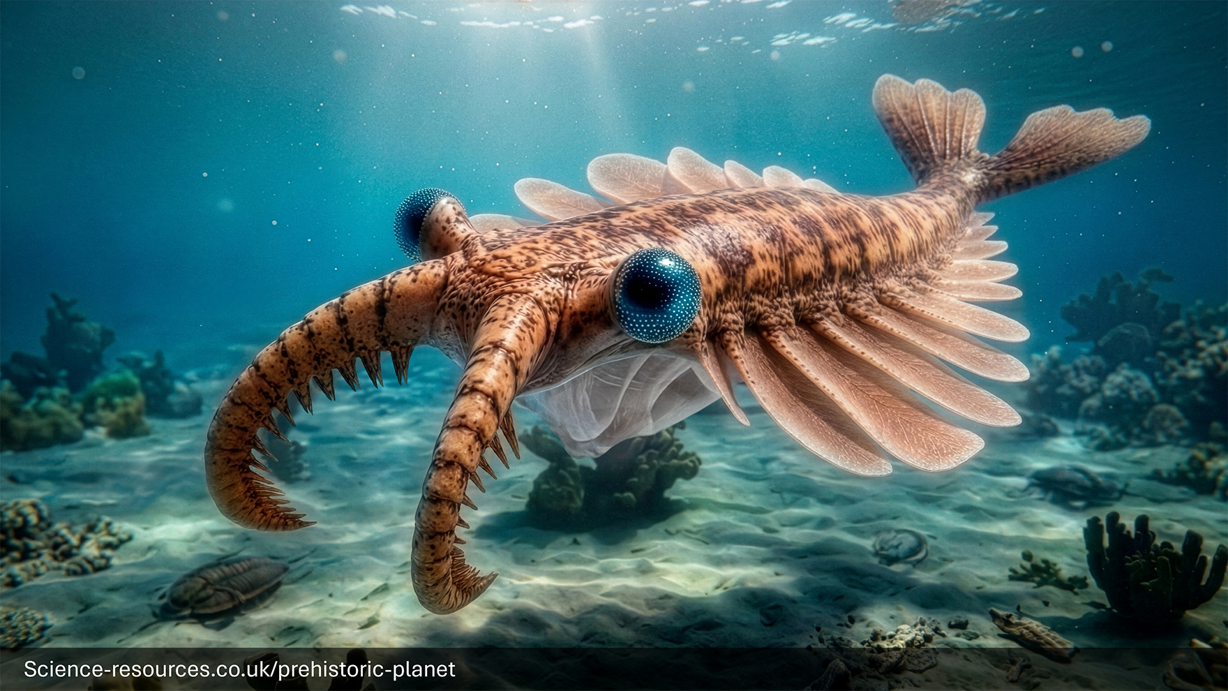 A realistic image of a Anomalocaris in a prehistroic ocean.