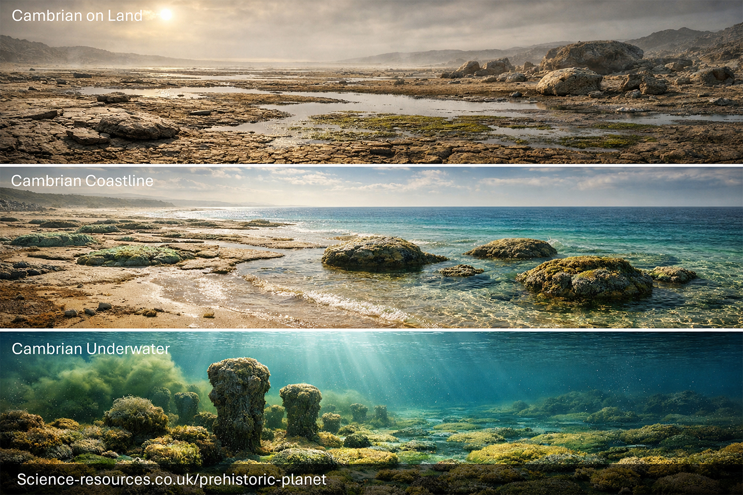 Image depicting life during the Cambrian period (541-485 ma) including life on land, and life underwater.