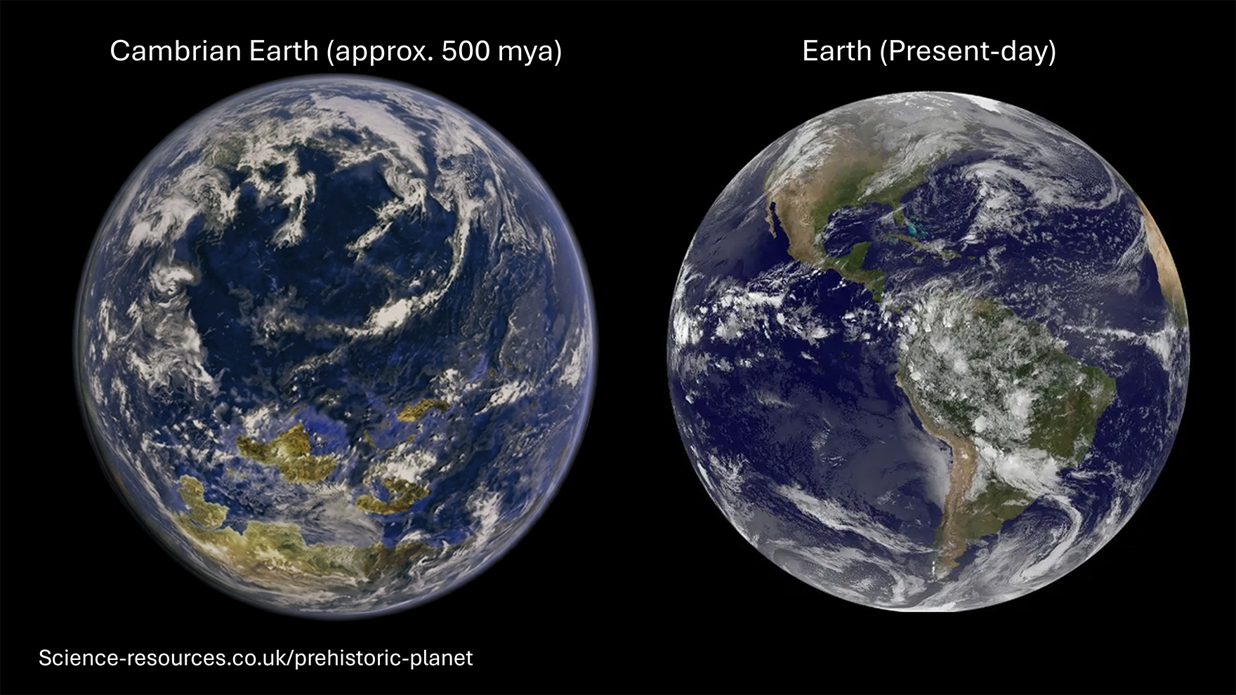 Side‑by‑side digital renderings of Earth. The left image shows Cambrian Earth roughly 500 million years ago, with different continental shapes and large shallow seas. The right image shows modern Earth with the familiar outlines of North and South America. Both globes are shown from space against a black background, with cloud patterns visible on each. The text “Cambrian Earth (approx. 500 mya)” appears above the left globe, “Earth (Present‑day)” above the right