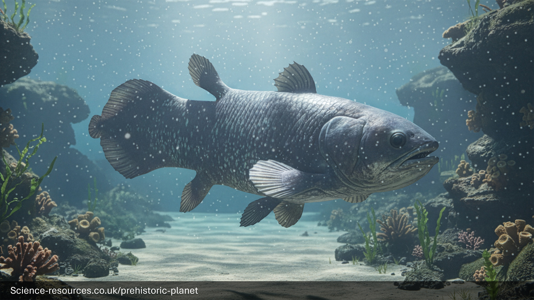 A realistic image of a Coelacanth in a prehistroic ocean.