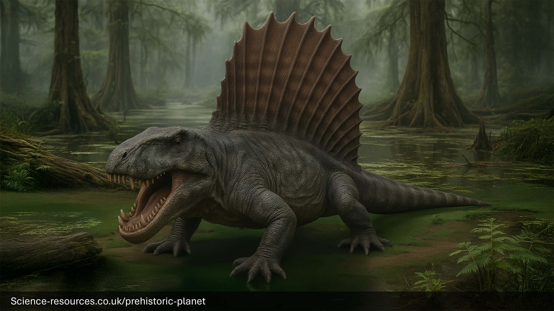 A realistic depiction of a Dimetrodon in a prehistoric swamp.
