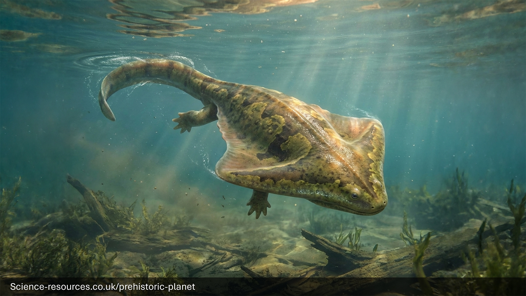 A realistic depiction of a Diplocaulus in a prehistoric swamp.