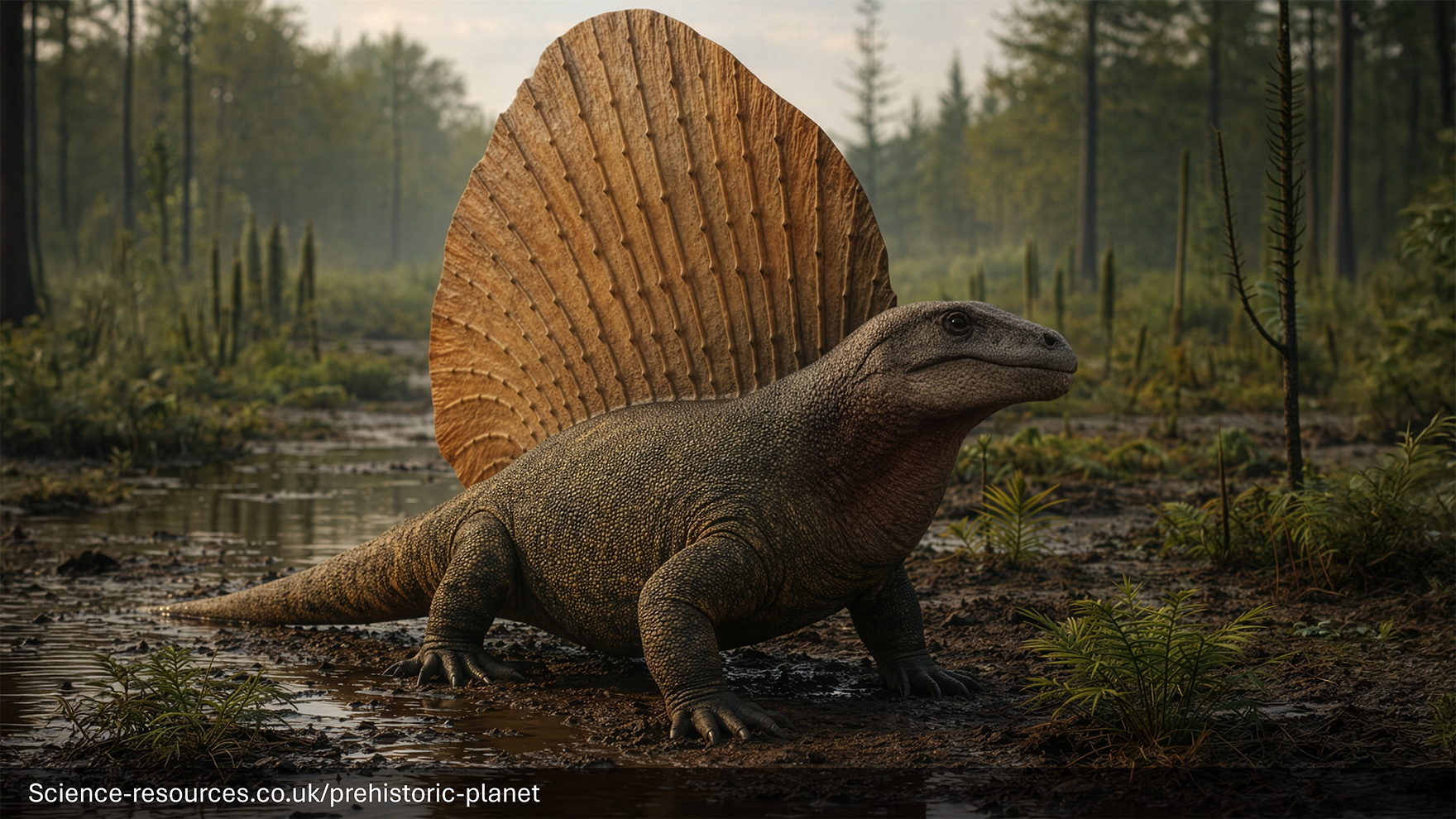 A realistic depiction of a Edaphosaurus in a prehistoric swamp.