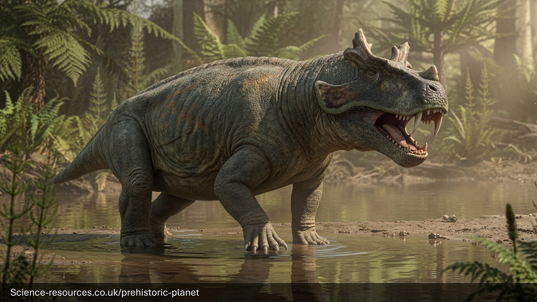 A realistic image of a Estemmenosuchus in a prehistroic swamp.