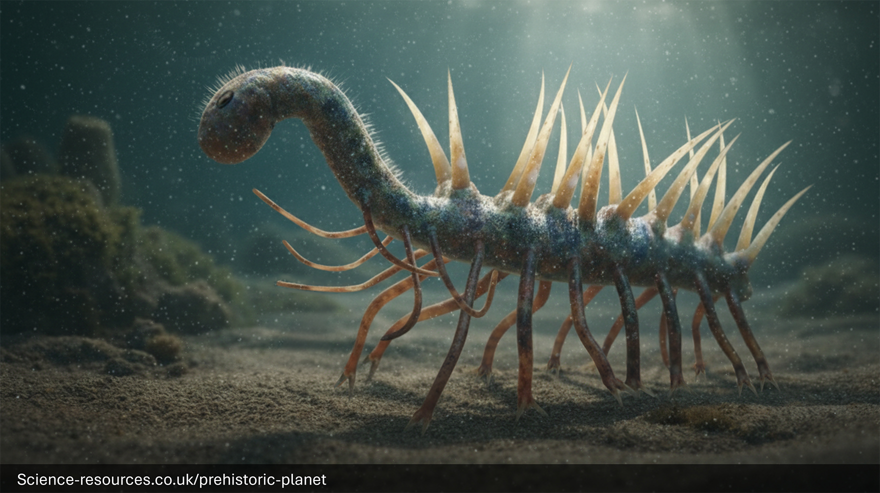 A realistic image of a Hallucigenia on a prehistroic ocean floor.