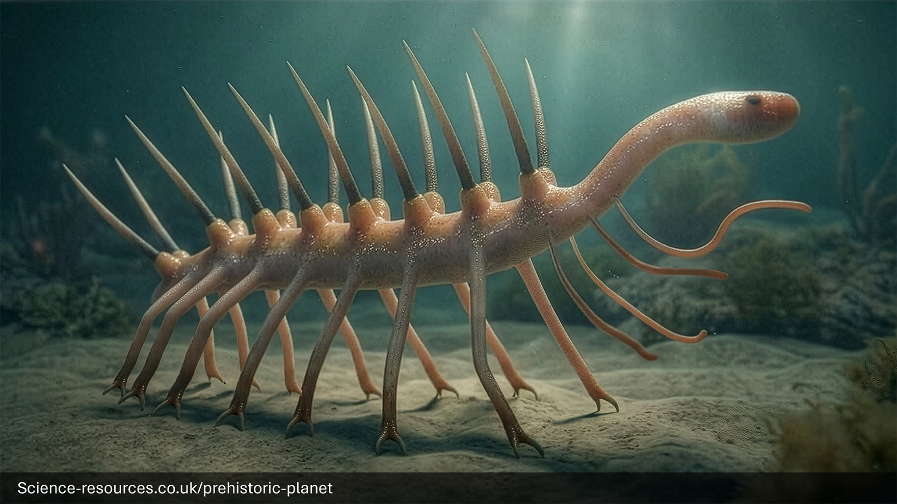 A realistic image of a Hallucigenia on a Cambrian sea floor.