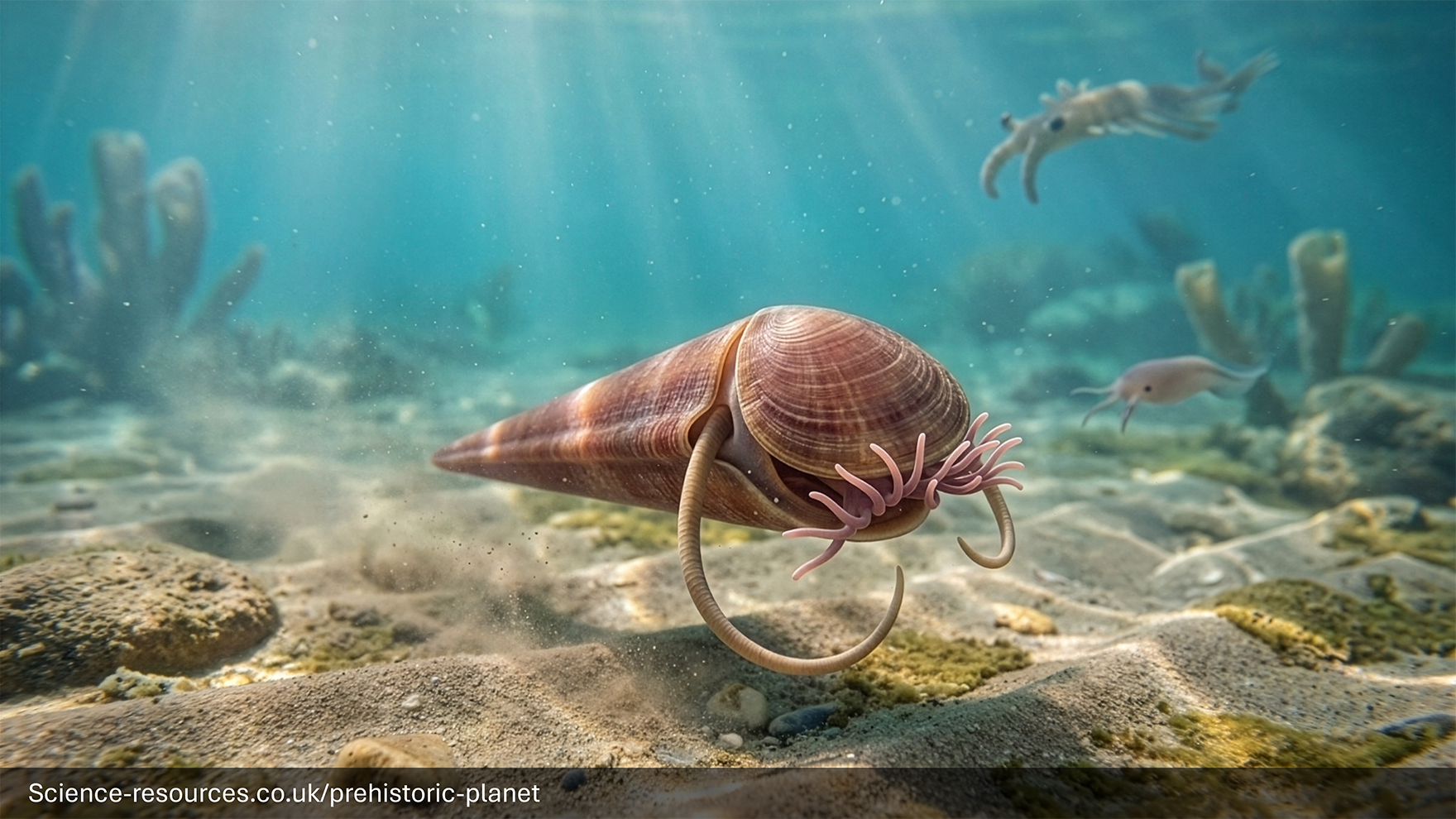 A realistic image of a Haplophrentis on a prehistroic ocean floor.