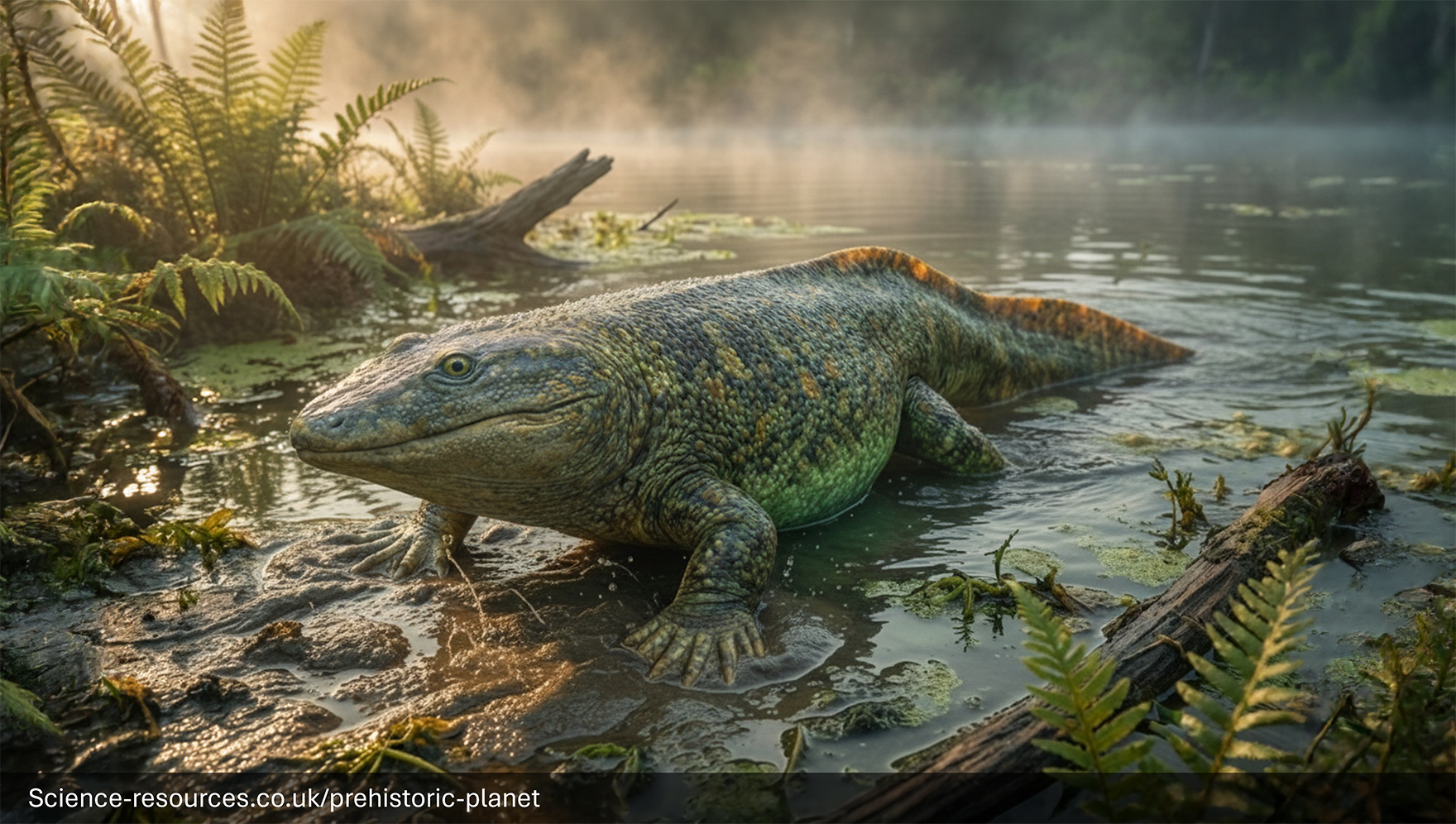 A realistic depiction of a Ichthyostega dragging itself out of water on to land.