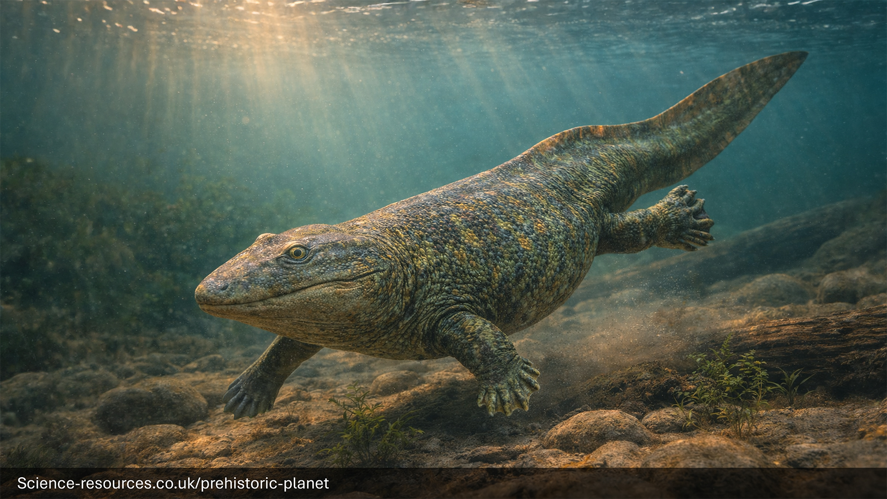 A realistic depiction of a Ichthyostega swimming in a prehistoric swamp.