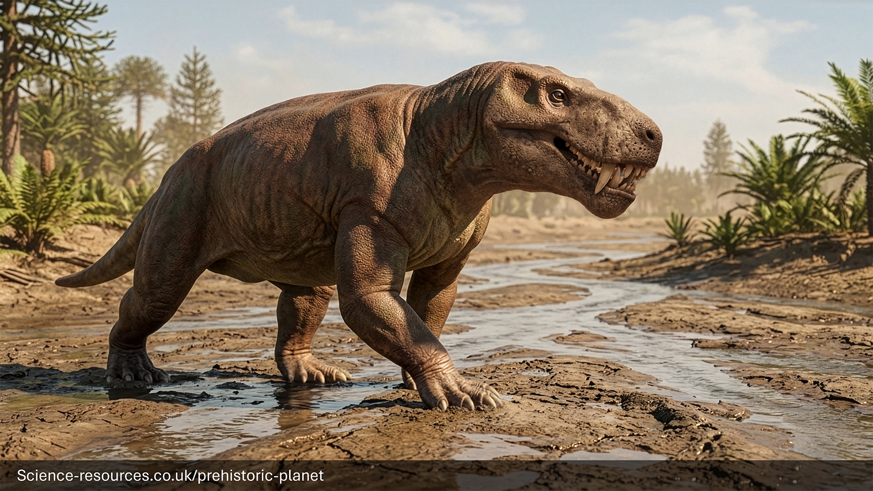 A realistic image of a Inostrancevia in a prehistroic swamp.