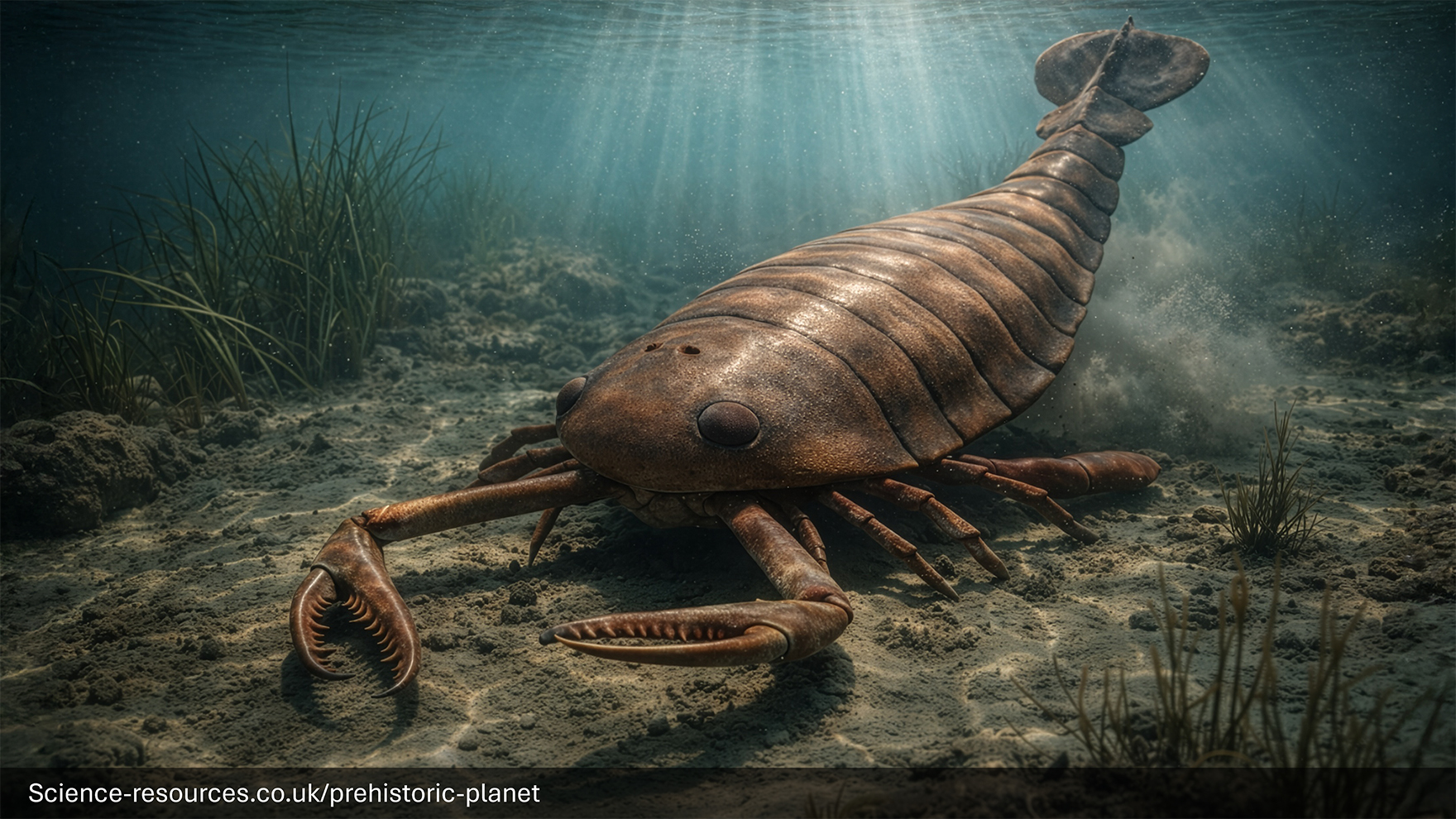 A realistic image of a Jaekelopterus in a prehistroic ocean.