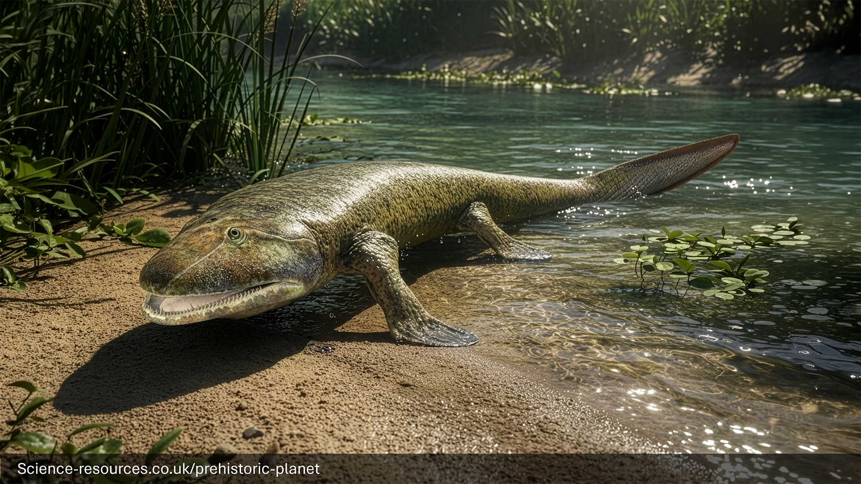 A realistic depiction of a Tiktaalik dragging itself out of water on to land.