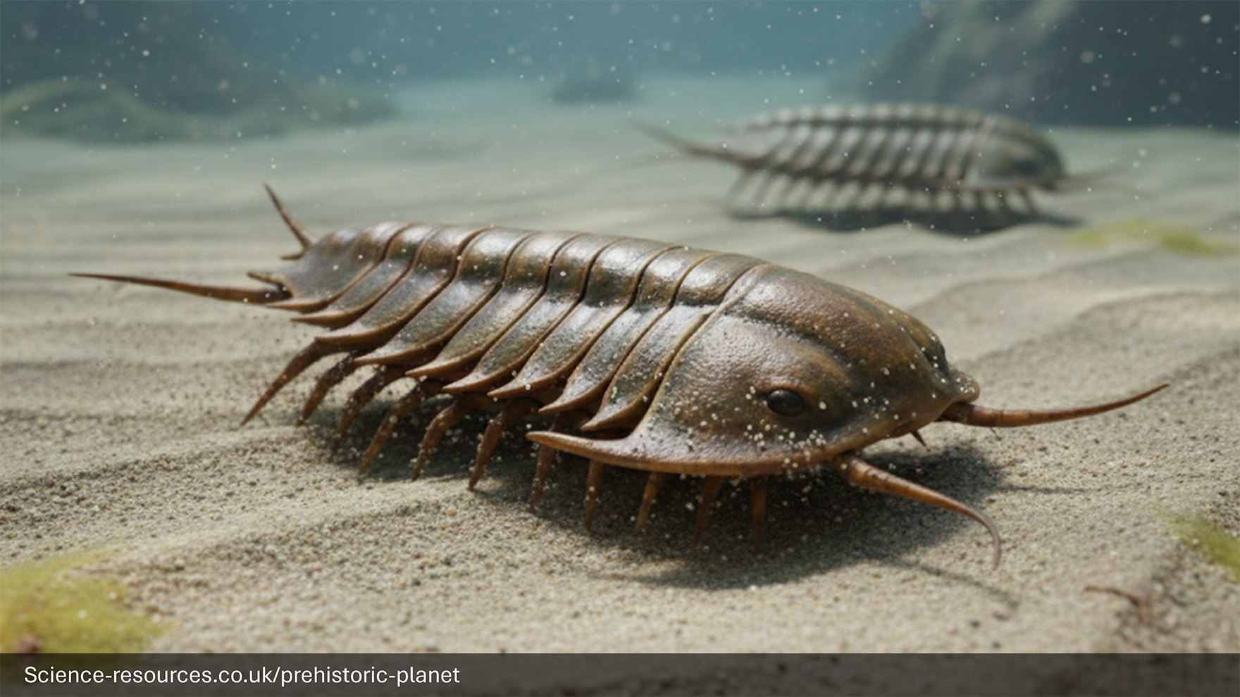 A realistic image of a Trilobite in a prehistroic ocean.