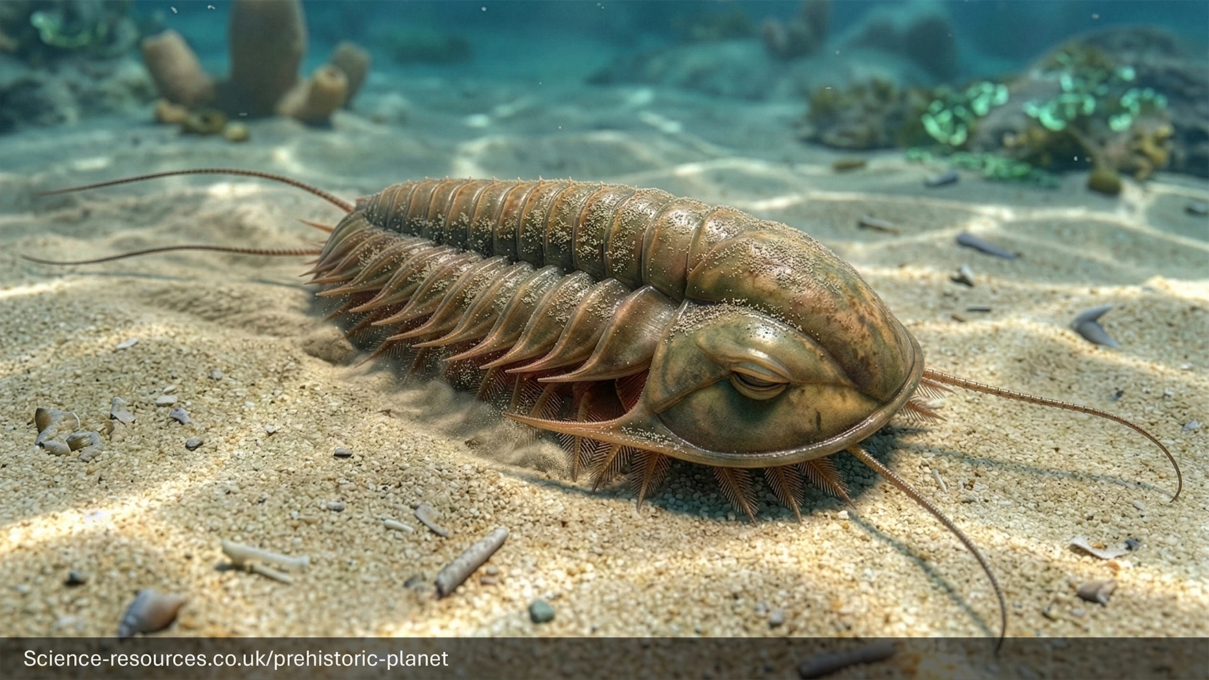 The image shows a realistic digital reconstruction of a trilobite moving along a sandy seabed. The trilobite has a long, segmented body with many curved, overlapping plates and numerous small legs underneath. Two long, thin antennae extend forward from the head. The surface of the sandy bottom is covered in fine grains with scattered shells, pebbles, and small bits of debris. In the background, the underwater scene becomes slightly hazy with bluish light, showing coral-like shapes and blurred marine life. The lighting highlights the texture on the trilobite’s shell, giving it a slightly glossy, weathered appearance. At the bottom edge of the image, there is visible text reading “Science-resources.co.uk/prehistoric-planet”.