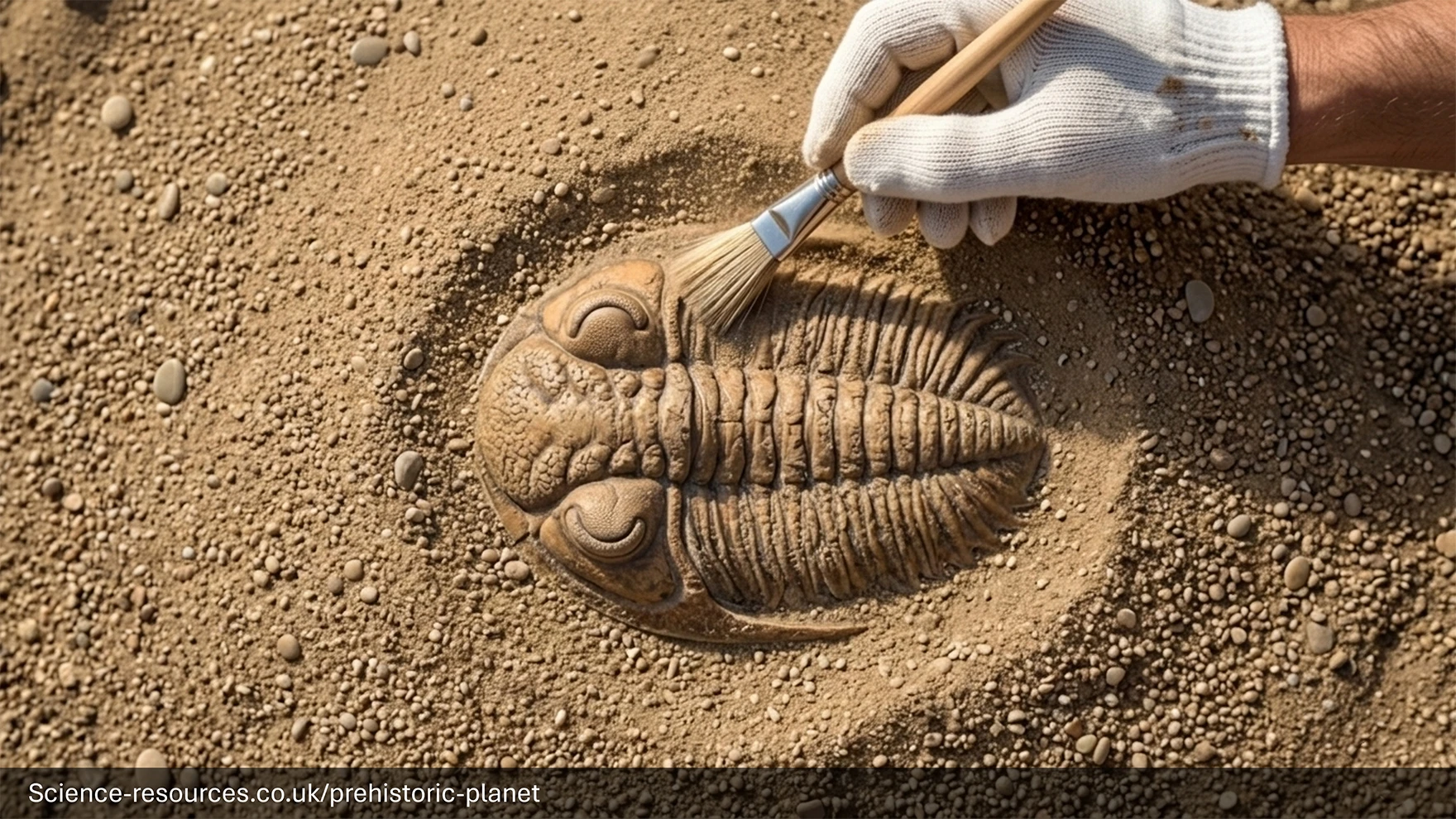 A close-up view shows a large trilobite fossil partly uncovered in light brown sand. The fossil has a ridged, segmented body and two curved, raised areas near the front that resemble eyes. Surrounding the fossil is loose sand with many small pebbles scattered across the surface. A gloved hand holding a soft brush is gently sweeping sand away from the fossil, suggesting an excavation or archaeological dig. The lighting is bright, making the textures of the sand, pebbles, and the fossil’s detailed surface clearly visible.