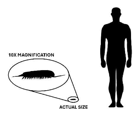 Trilobite_size The image shows a simple black‑and‑white scale comparison. On the left, an oval shape contains a magnified silhouette of a small trilobite, enlarged to show its body outline and multiple legs. Above this oval is the label “10X MAGNIFICATION”. A thin line extends from the oval downwards to a tiny black shape, labelled “ACTUAL SIZE”, showing how small the trilobite would be in reality.
On the right side of the image, there is a plain black silhouette of a standing human figure, included to give a sense of overall scale. The background is white, and no extra details or textures are present. Text at the bottom left reads “Science-resources.co.uk/prehistoric-planet”.