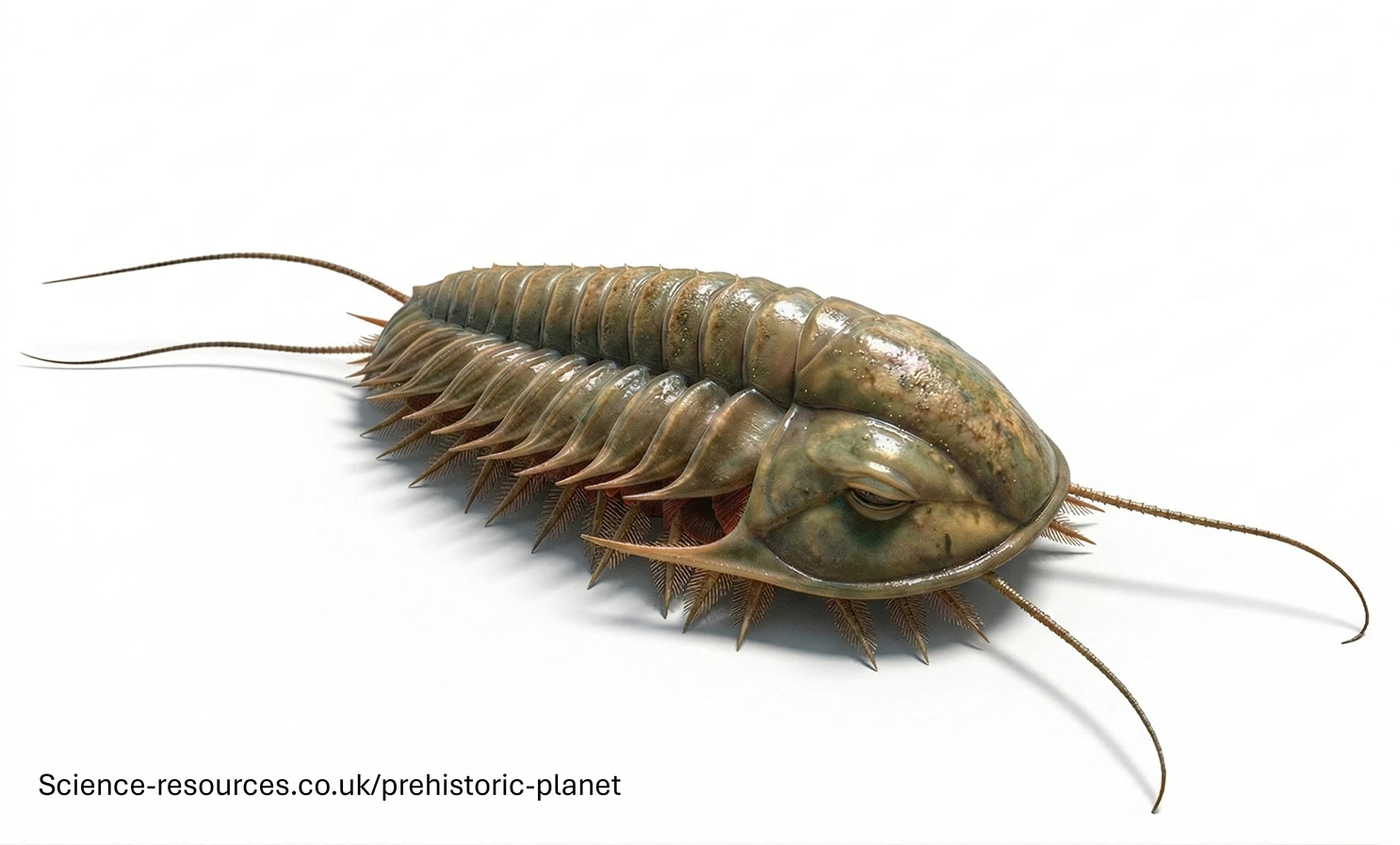 The image shows a highly detailed, lifelike reconstruction of a trilobite placed against a clean white background. The trilobite has a long, segmented body made up of many overlapping plates that run from the head to the tail. Each segment curves gently and has a smooth, glossy texture with mottled brown and green colouring.
The head shield is broad and rounded, with two large compound eyes set into the sides. Several long, slender antennae extend forward and outward from the front of the body, gently curving at the ends. Along the underside, numerous thin, spiny legs are visible, fanning outward beneath the segments. The lighting is bright and even, making every ridge, plate and limb clearly visible. Text at the bottom left reads “Science-resources.co.uk/prehistoric-planet”.