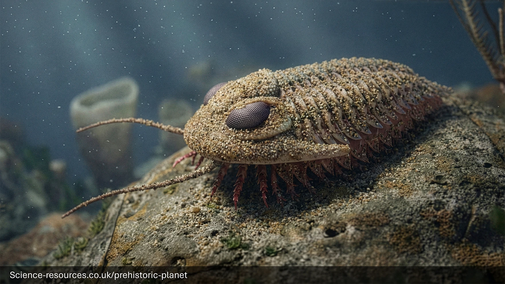 A realistic, high-detail digital illustration of a trilobite resting on a textured, barnacle-encrusted rock on the ocean floor.

The ancient marine arthropod has a segmented, oval-shaped body with a distinct head (cephalon) featuring two large, bulging compound eyes with a fine, honeycomb-like texture. Its exoskeleton is covered in a gritty, sandy camouflage pattern consisting of tiny tan, beige, and brown specks, allowing it to blend seamlessly into the surrounding seabed. Long, thin antennae extend from beneath its head, and several small, pointed red legs are visible peeking out from under its shell.

The background is a soft-focus underwater scene with mottled sunlight filtering through the blue-green water, illuminating floating particles and distant sea sponges and coral. The overall mood is quiet and prehistoric.