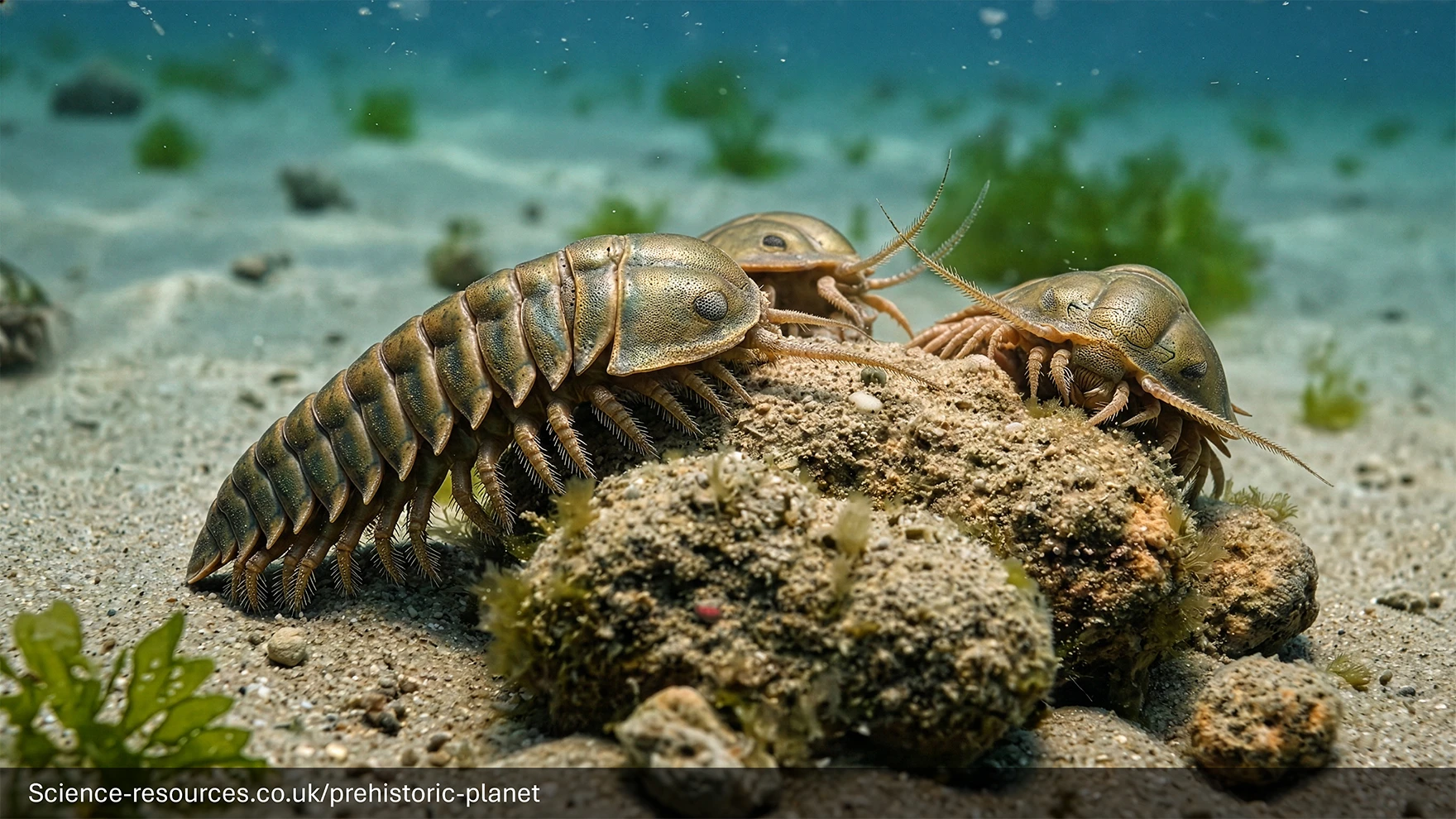 The image captures three multi-segmented, armor-plated trilobites on a large, rugged, moss-covered rock in a sandy seabed environment. The largest trilobite, positioned on the left, climbs up the side of the rock, showing its segmented body with multiple pairs of tiny legs and its shield-like head, from which two long antennae extend forward. To its right, the other two trilobites are clustered on the rock surface; the one higher up has its antennae and legs clearly visible, while the one below it is partially obscured. All three trilobites have a glossy, brownish-gold or bronze shell with intricate textures. The rock itself is irregular and covered in patches of sand and green algae. The seafloor is made of light-colored sand and scattered small stones, with clusters of green aquatic moss and plants. The water is a hazy, greenish-blue, and another, less detailed trilobite is visible blurred in the far-left background. The photograph has a clear focus on the main group of trilobites, with a soft background blur. A small watermark is visible in the bottom-right corner.
