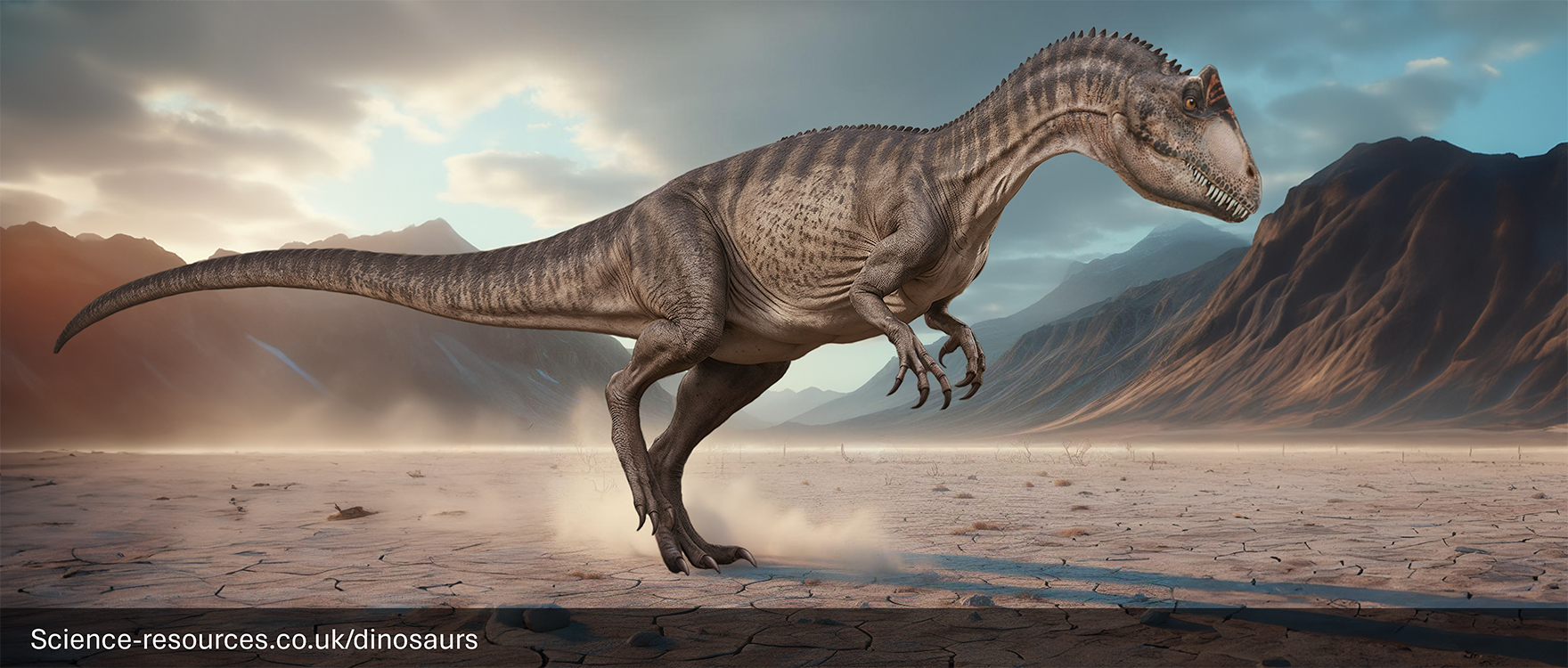 The image portrays a realistic rendering of an Allosaurus dinosaur in a prehistoric desert setting. The Allosaurus is standing in the middle of a desrt wasteland, with rocky mountains in the distance.