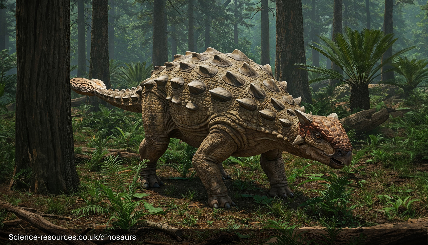 A lifelike illustration of an Ankylosaurus, showcasing its heavily armored body with bony plates and spikes, and a powerful clubbed tail. The dinosaur is set against a backdrop of a dramatic, stormy sky over a hilly terrain, emphasising its formidable presence in the Late Cretaceous period.