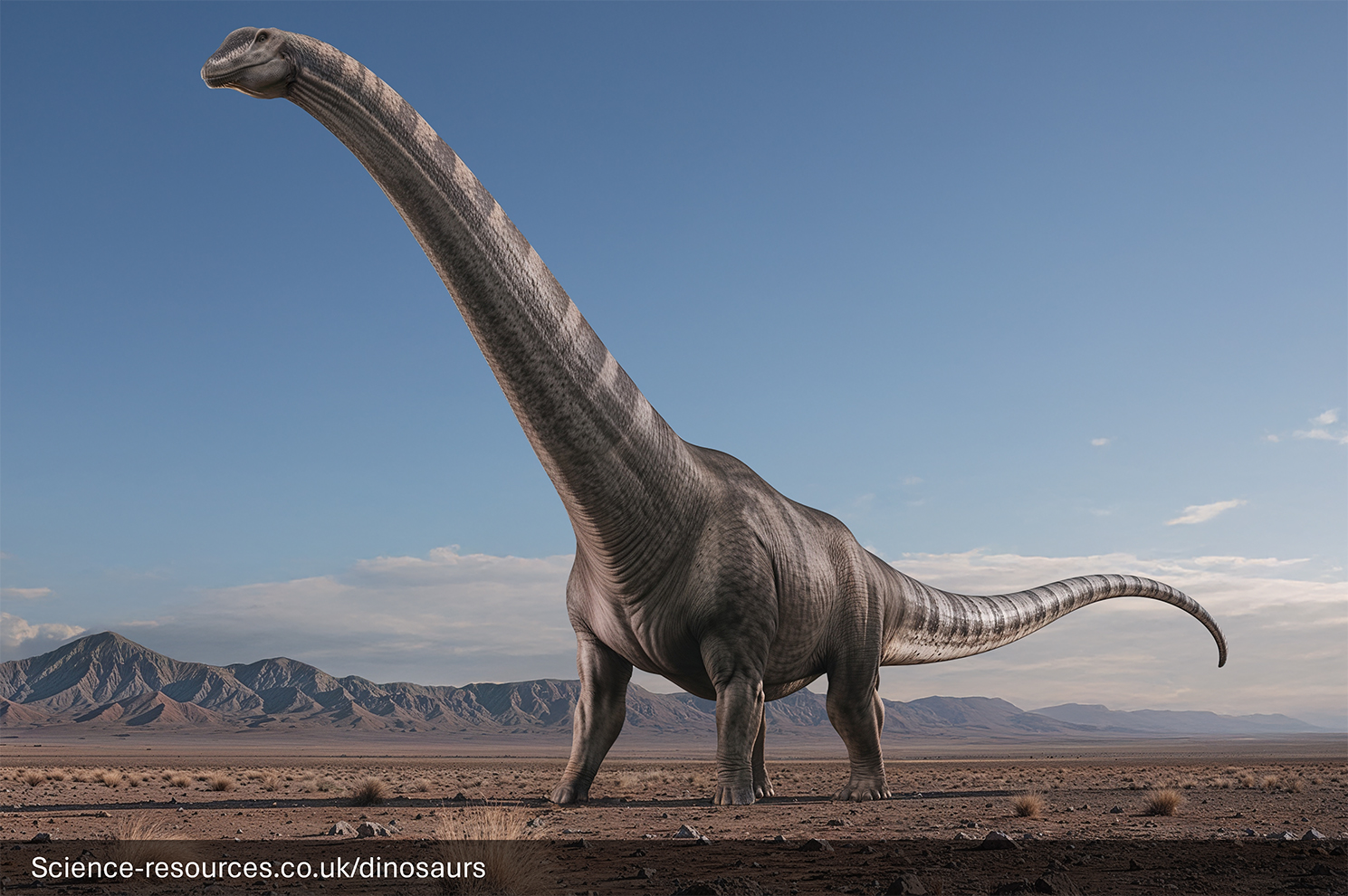 The image portrays a realistic rendering of a Argentinosaurus dinosaur in a prehistoric desert setting with mountains in the distance. 
