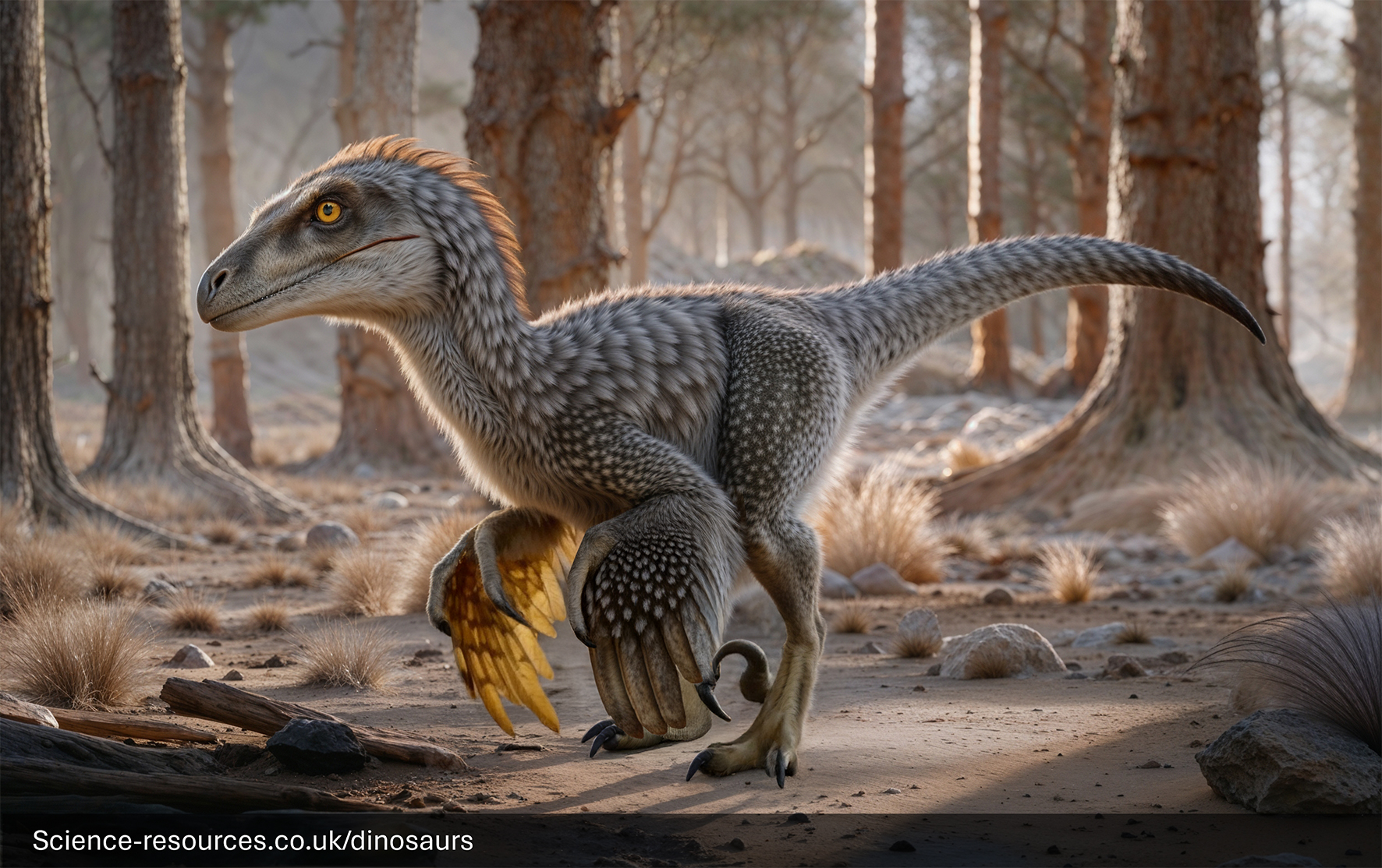 A feathered Deinonychus dinosaur stands amidst a serene yet dense forest, showcasing its prominent claws and bird-like features, with sunlight filtering through the canopy above.