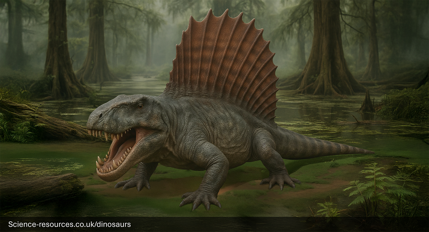 A realistic depiction of a Dimetrodon in a prehistoric swamp.