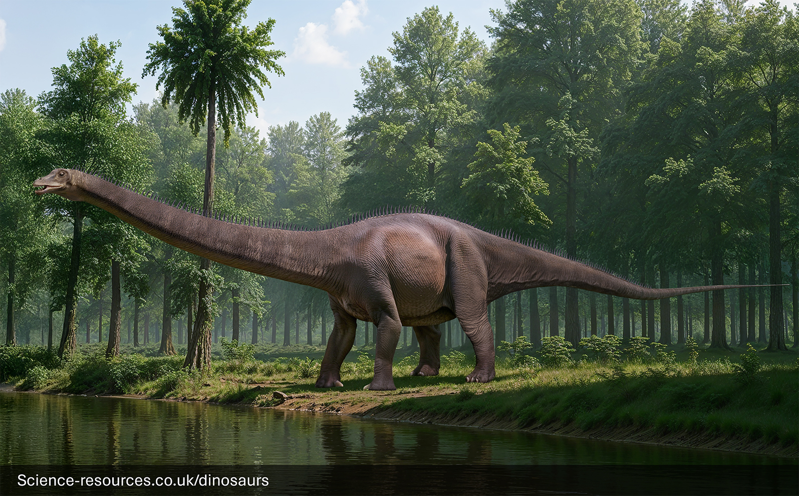The image portrays a realistic rendering of a Diplodocus dinosaur in a prehistoric forest setting. The Diplodocus is standing next to a prehistoric river.