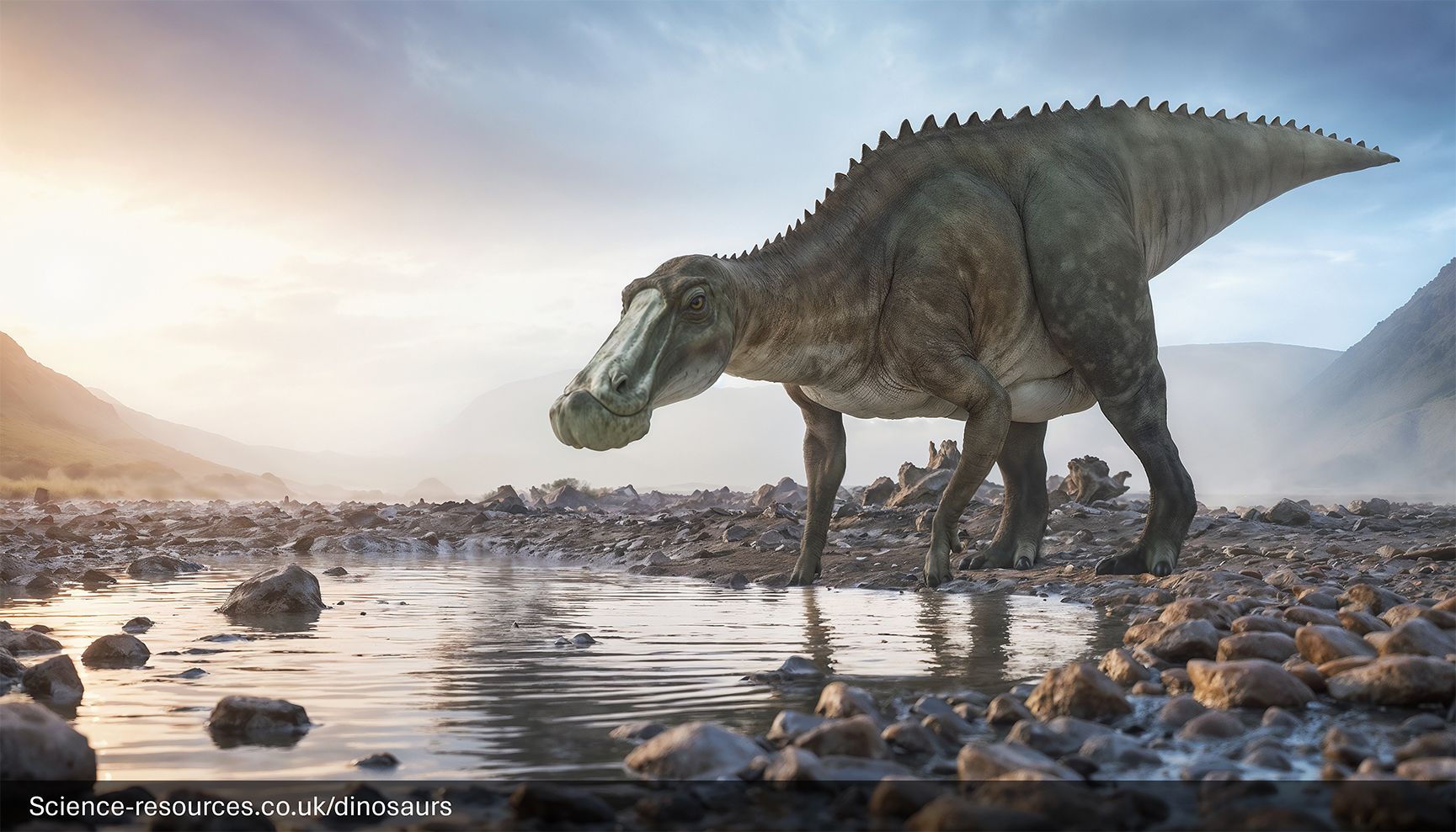 An artist's rendering of an Edmontosaurus dinosaur standing beside a calm water body, surrounded by a misty and mountainous landscape bathed in soft sunlight.