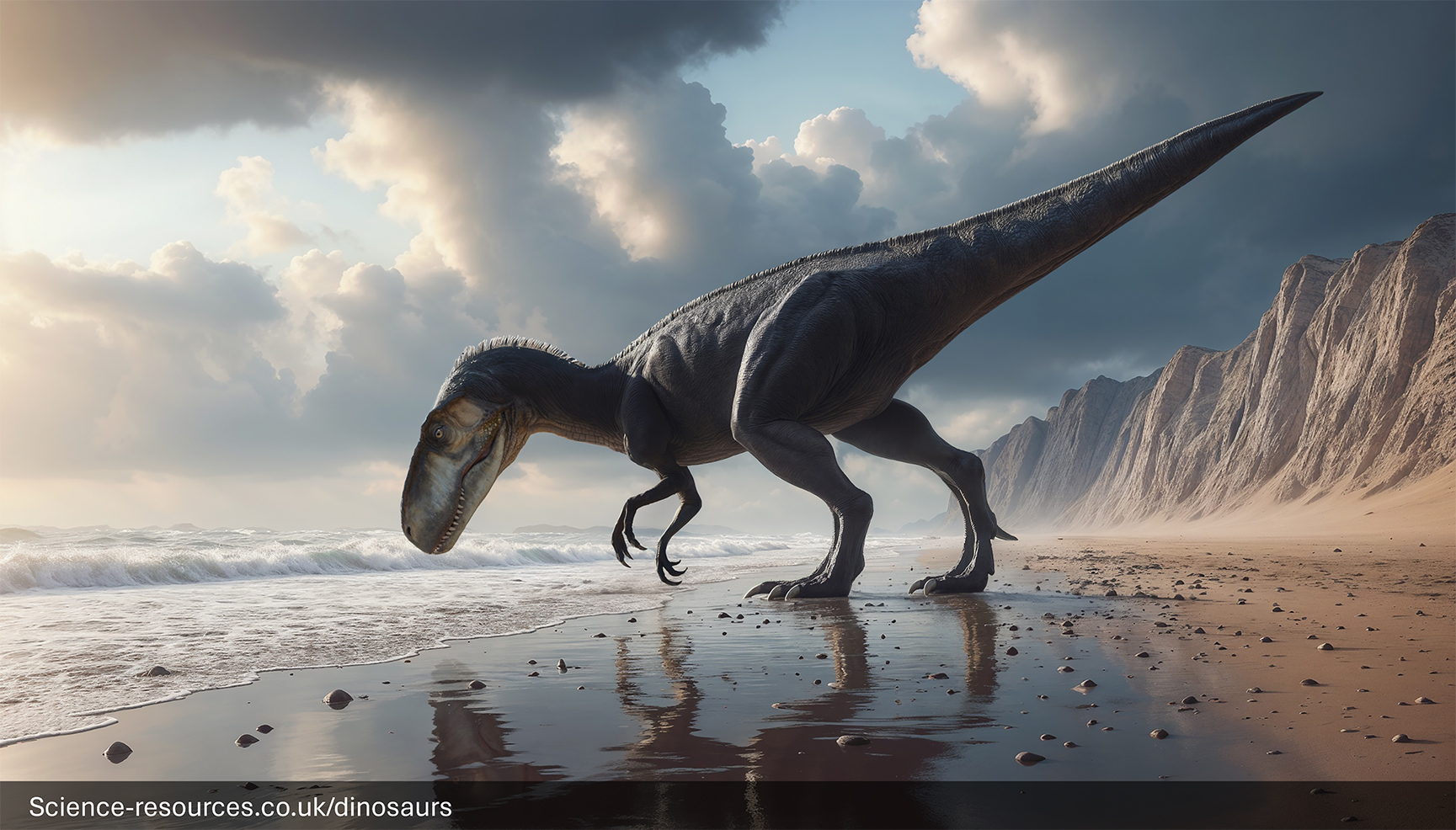 A detailed rendering of a Eustreptospondylus dinosaur walking on a serene beach at dawn, with towering cliffs and a cloudy sky in the background.